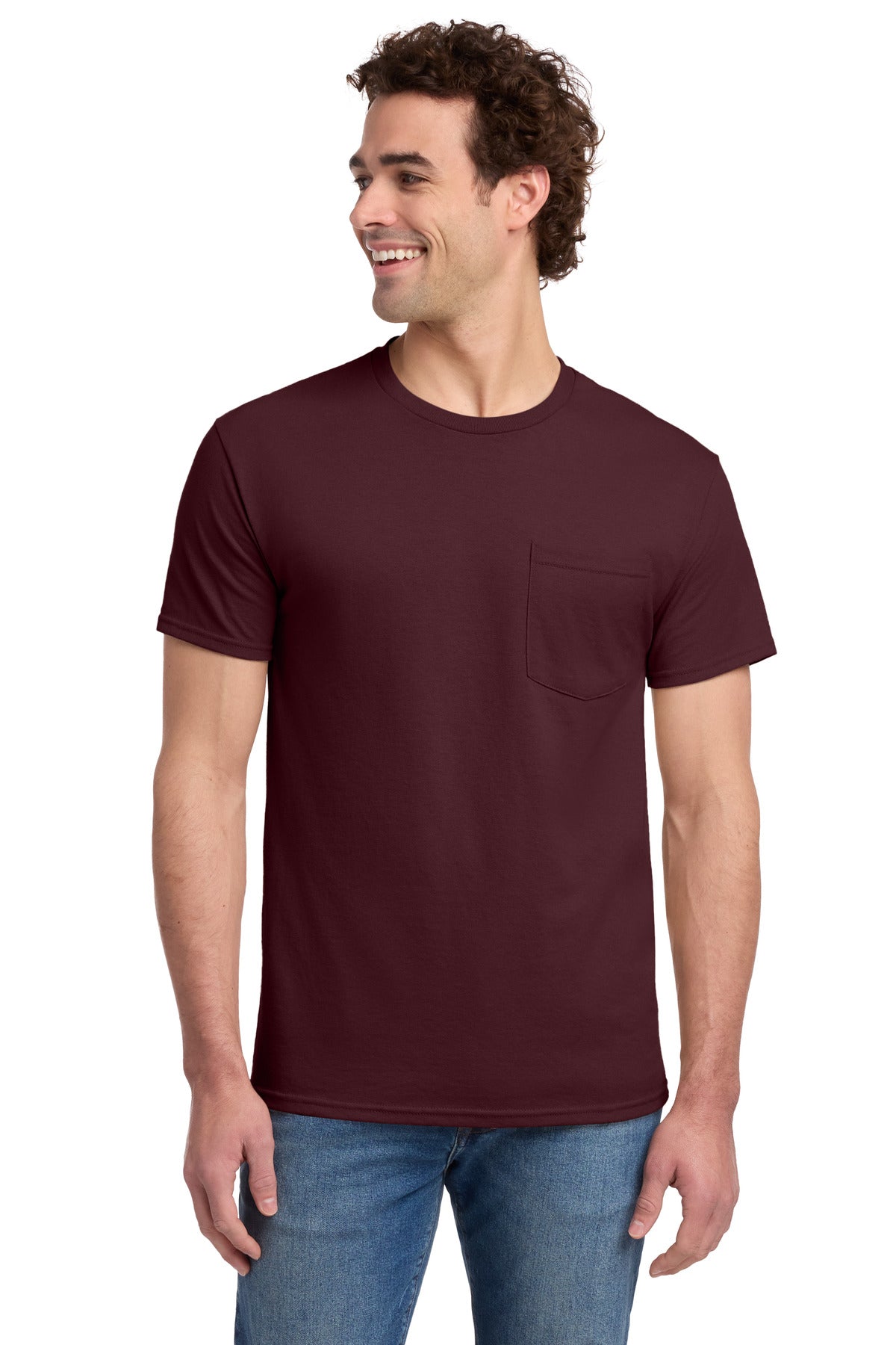 Custom logo Jerzees® -  Dri-Power® 50/50 Cotton/Poly Pocket T-Shirt.  29MP in Maroon
