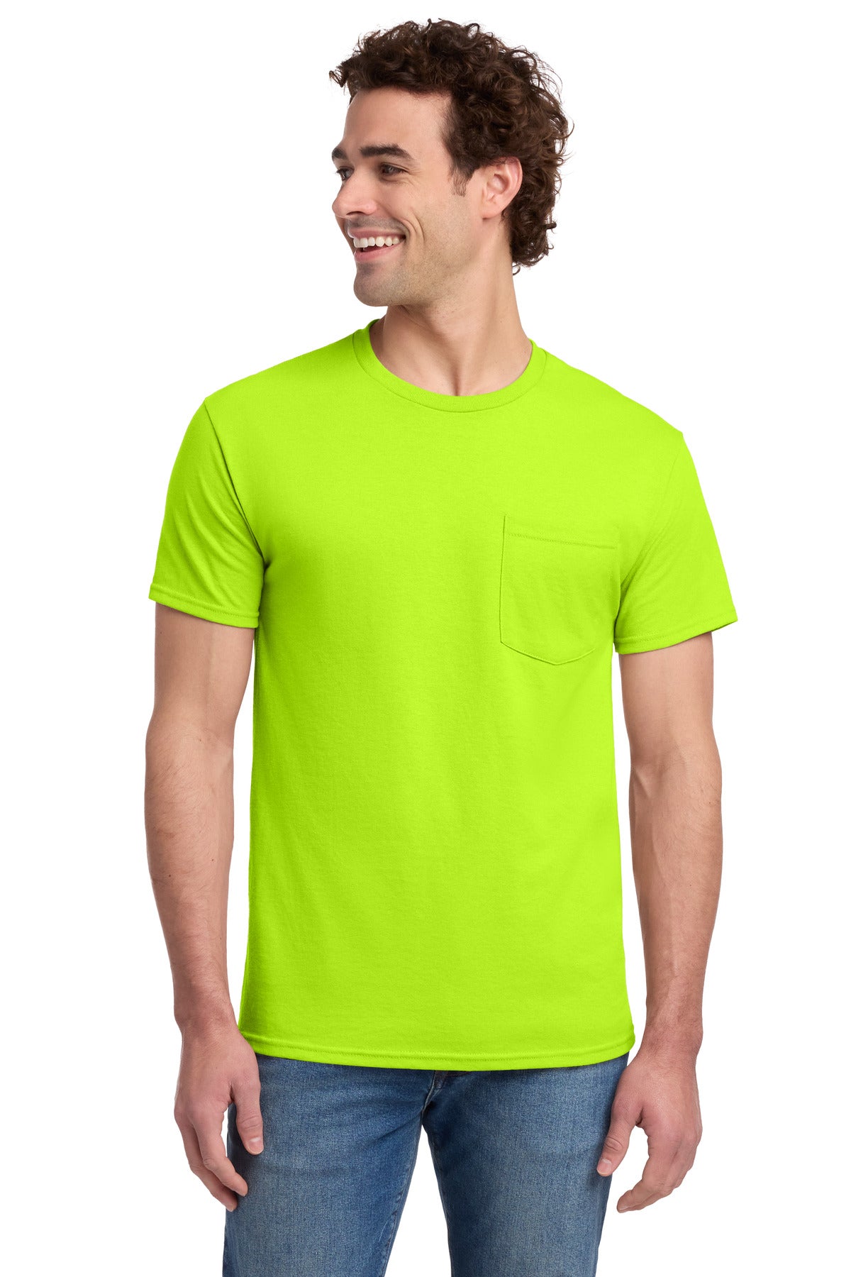 Custom logo Jerzees® -  Dri-Power® 50/50 Cotton/Poly Pocket T-Shirt.  29MP in Safety Green