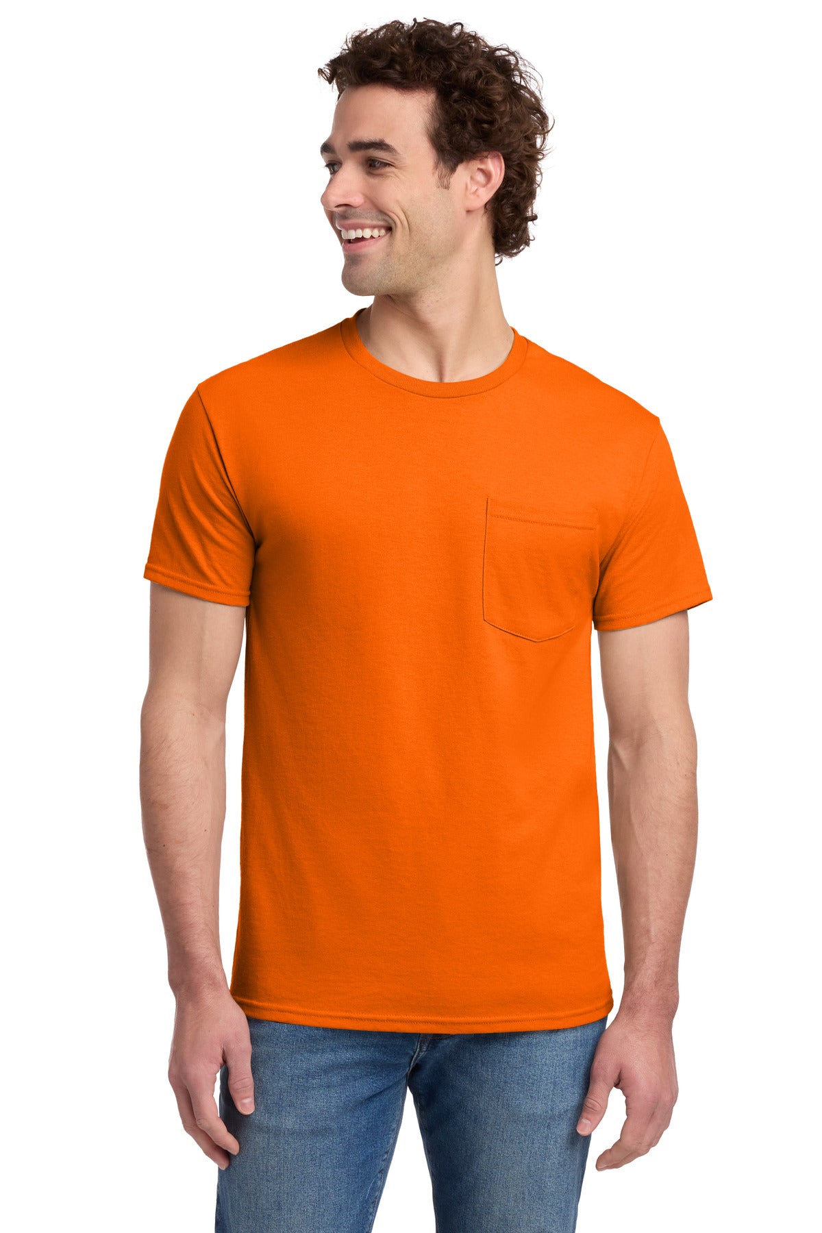 Custom logo Jerzees® -  Dri-Power® 50/50 Cotton/Poly Pocket T-Shirt.  29MP in Safety Orange
