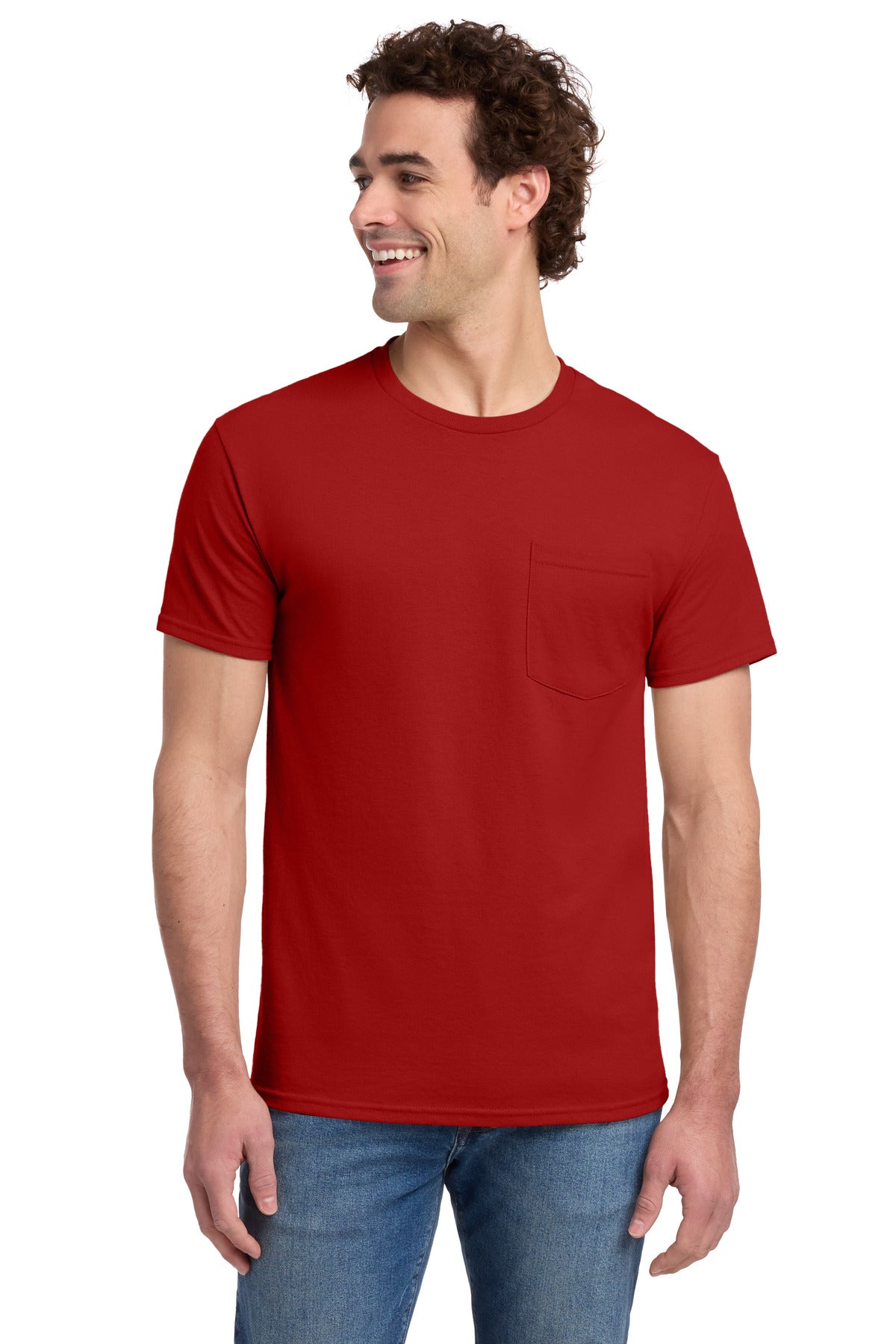 Custom logo Jerzees® -  Dri-Power® 50/50 Cotton/Poly Pocket T-Shirt.  29MP in True Red