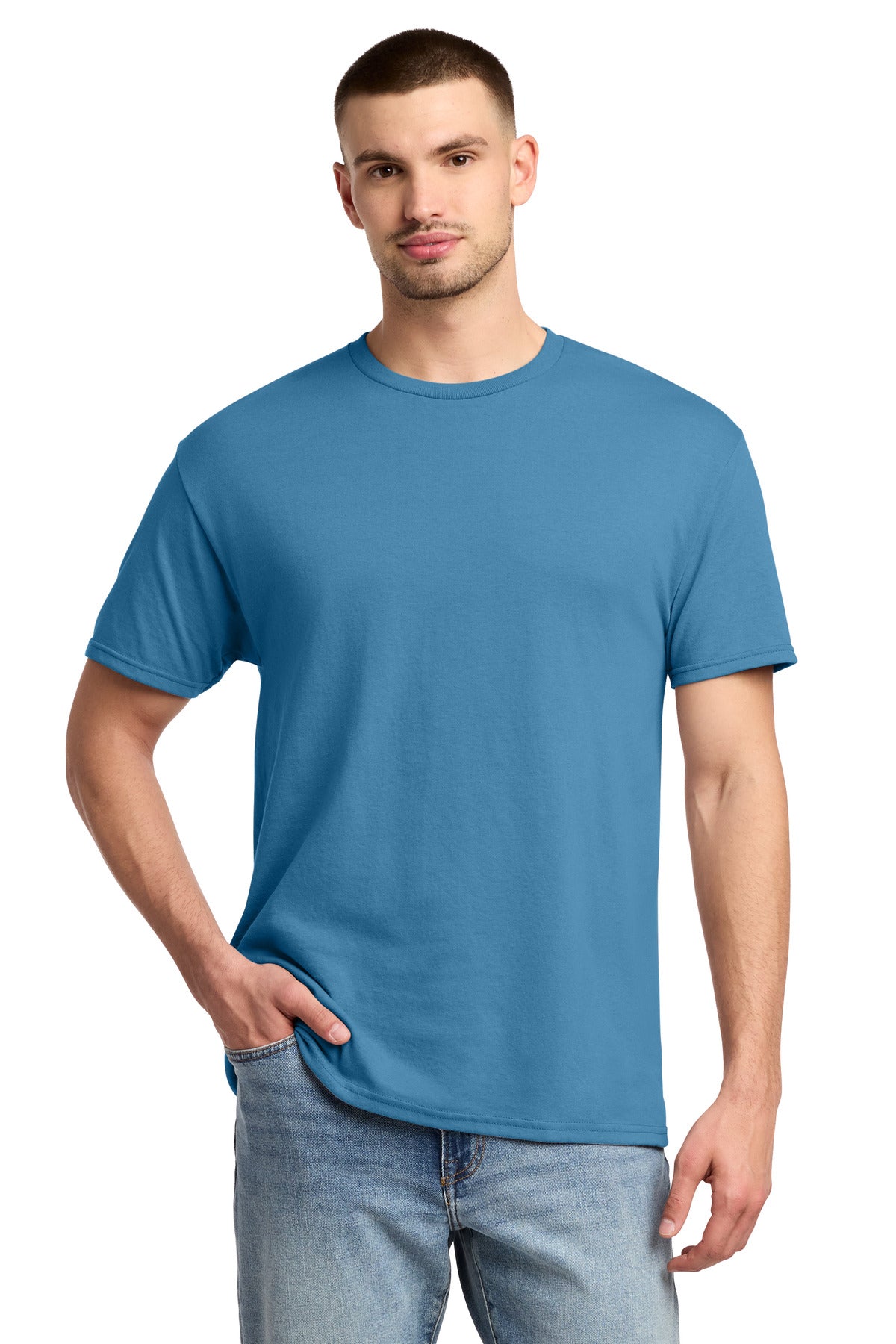Custom logo Jerzees® -  Dri-Power® 50/50 Cotton/Poly T-Shirt.  29M in Columbia Blue
