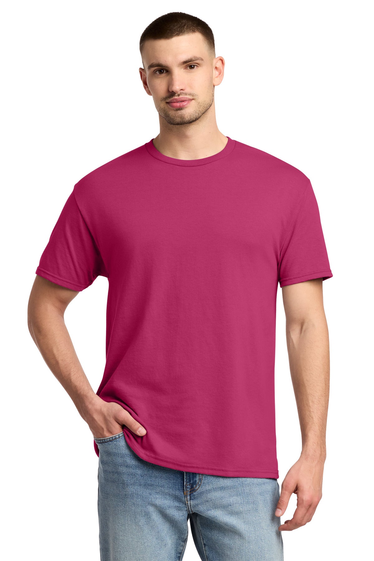 Custom logo Jerzees® -  Dri-Power® 50/50 Cotton/Poly T-Shirt.  29M in Cyber Pink