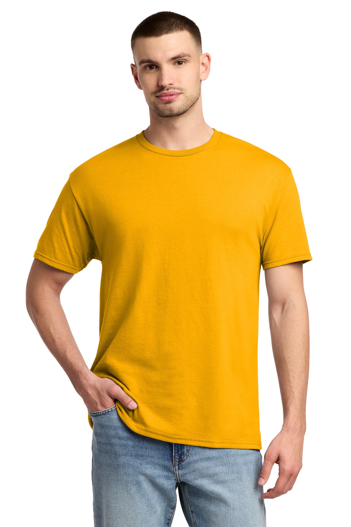 Custom logo Jerzees® -  Dri-Power® 50/50 Cotton/Poly T-Shirt.  29M in Gold