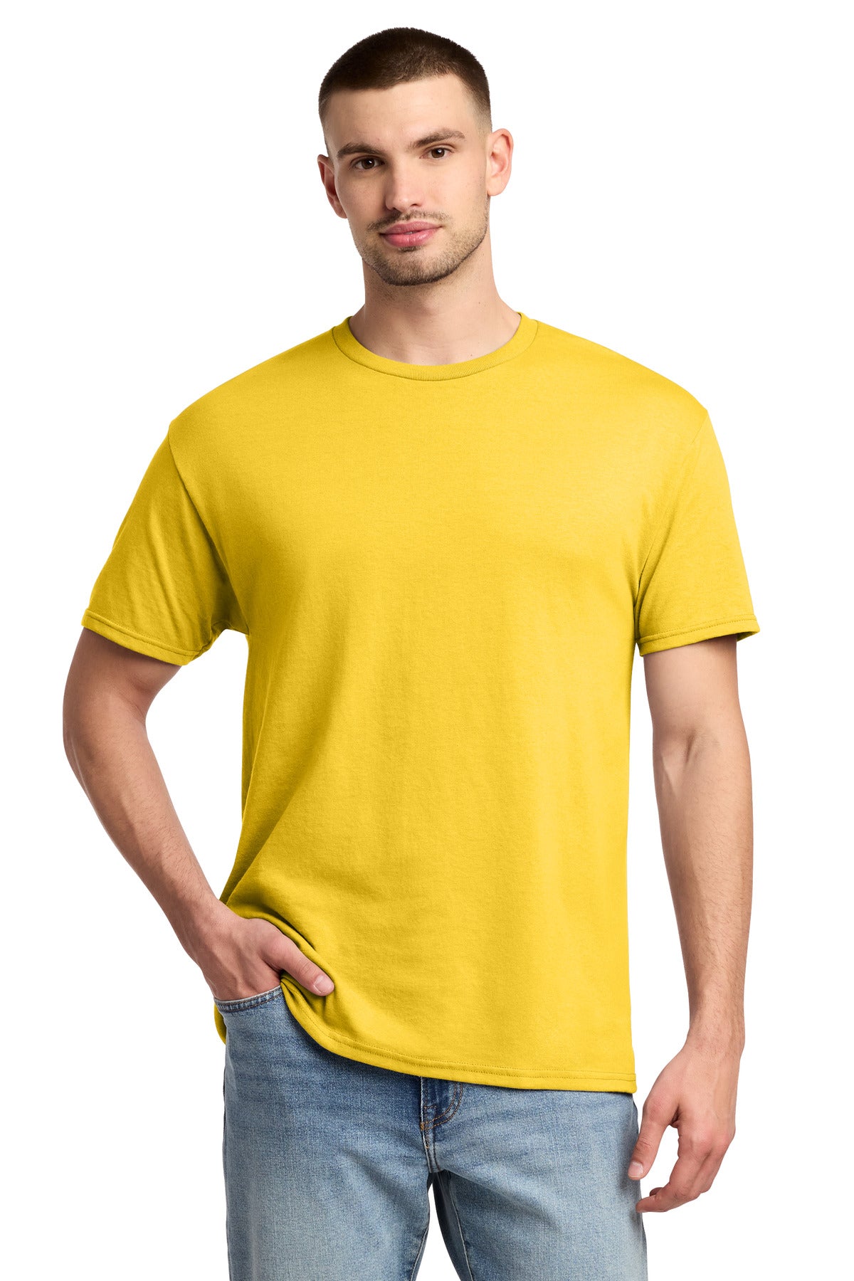 Custom logo Jerzees® -  Dri-Power® 50/50 Cotton/Poly T-Shirt.  29M in Island Yellow