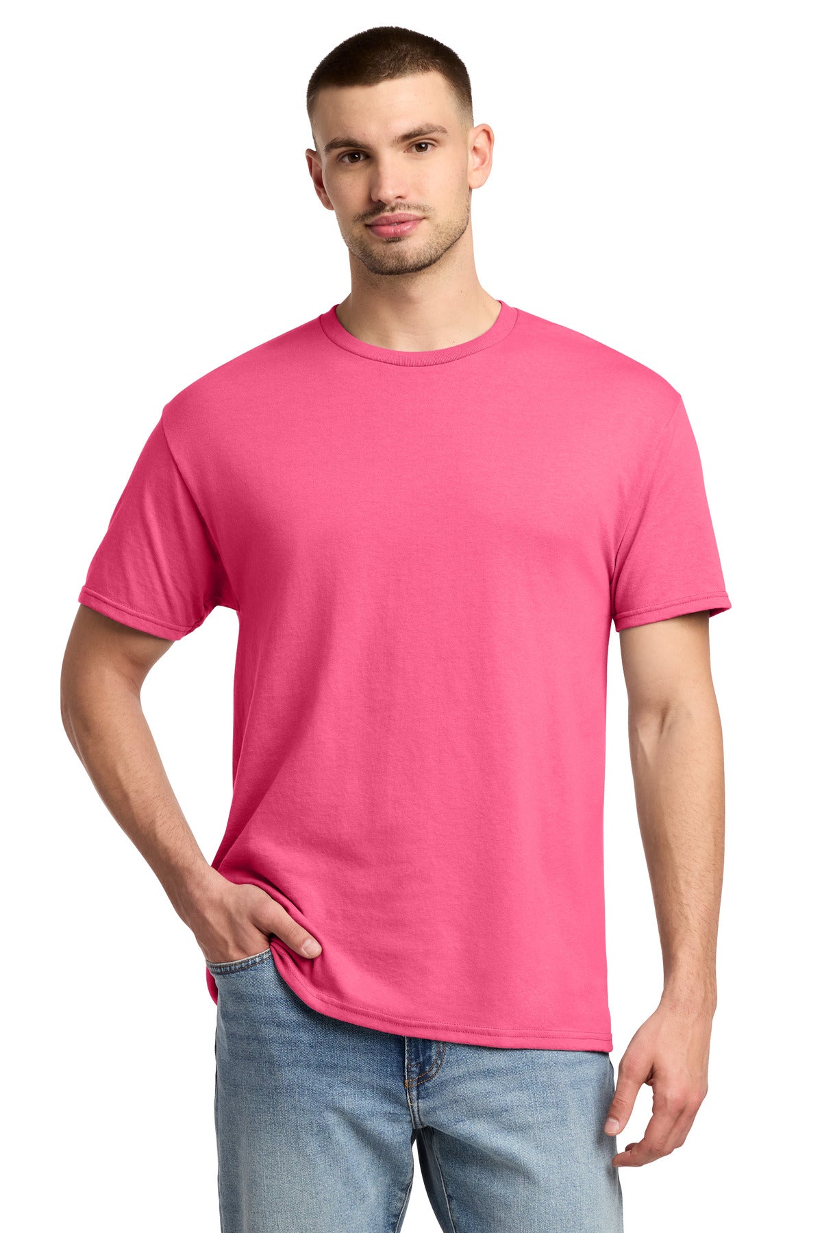 Custom logo Jerzees® -  Dri-Power® 50/50 Cotton/Poly T-Shirt.  29M in Neon Pink
