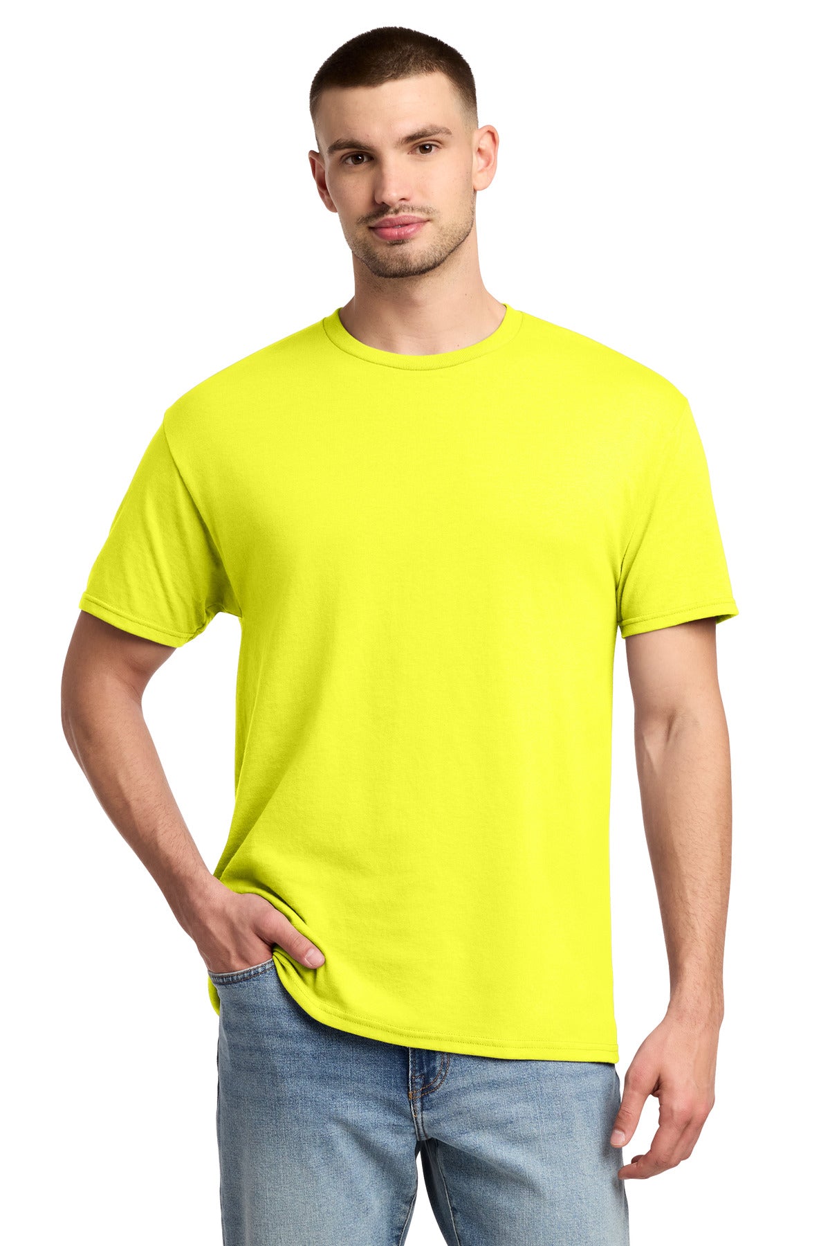 Custom logo Jerzees® -  Dri-Power® 50/50 Cotton/Poly T-Shirt.  29M in Neon Yellow