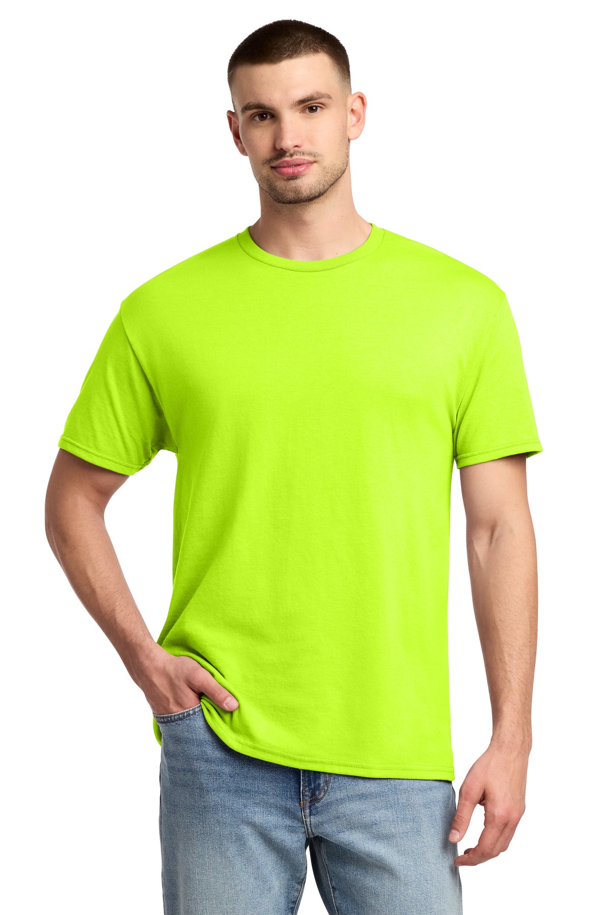 Custom logo Jerzees® -  Dri-Power® 50/50 Cotton/Poly T-Shirt.  29M in Safety Green