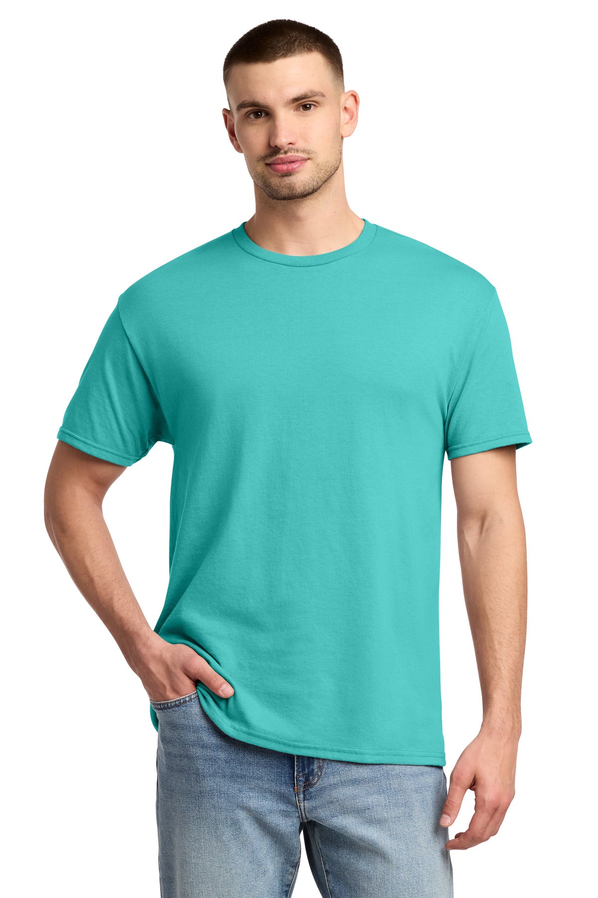 Custom logo Jerzees® -  Dri-Power® 50/50 Cotton/Poly T-Shirt.  29M in Scuba Blue