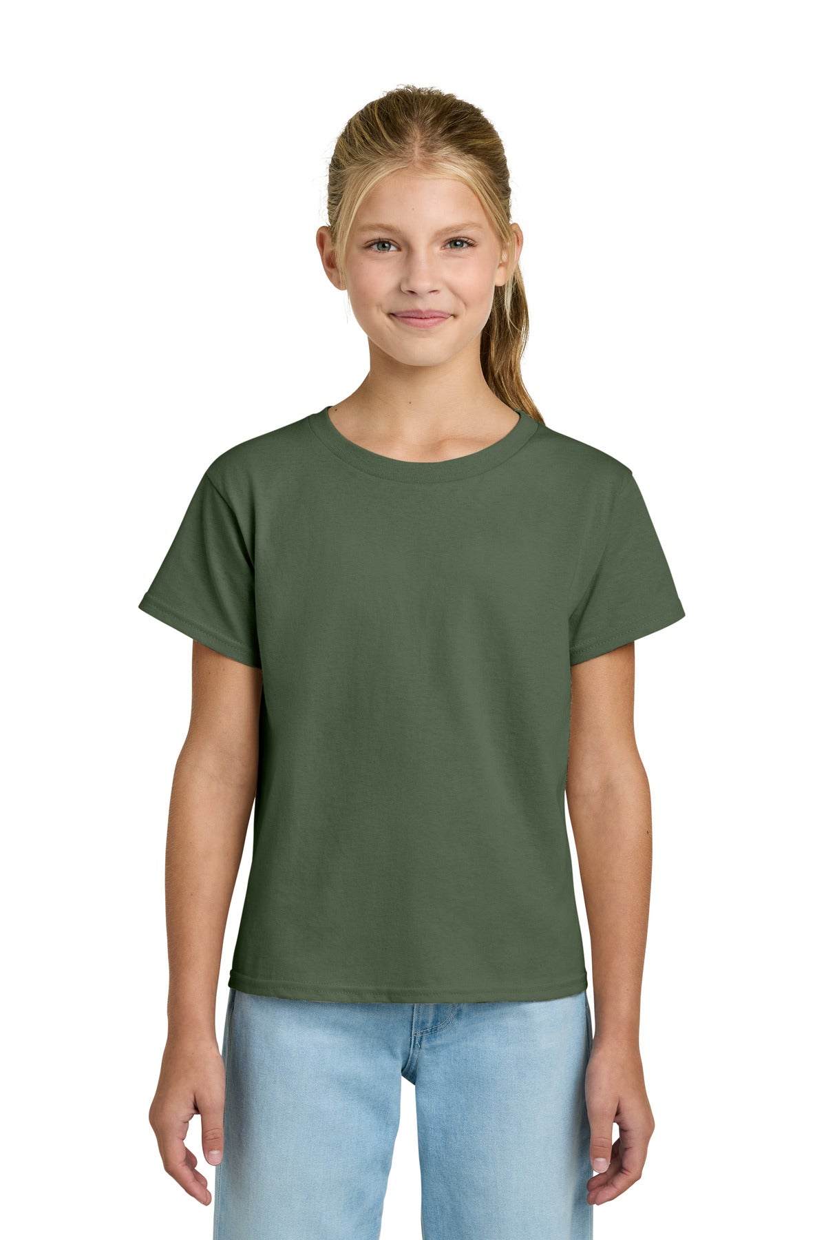 Custom logo Gildan® Youth Light Cotton Tee 3000B in Military Green
