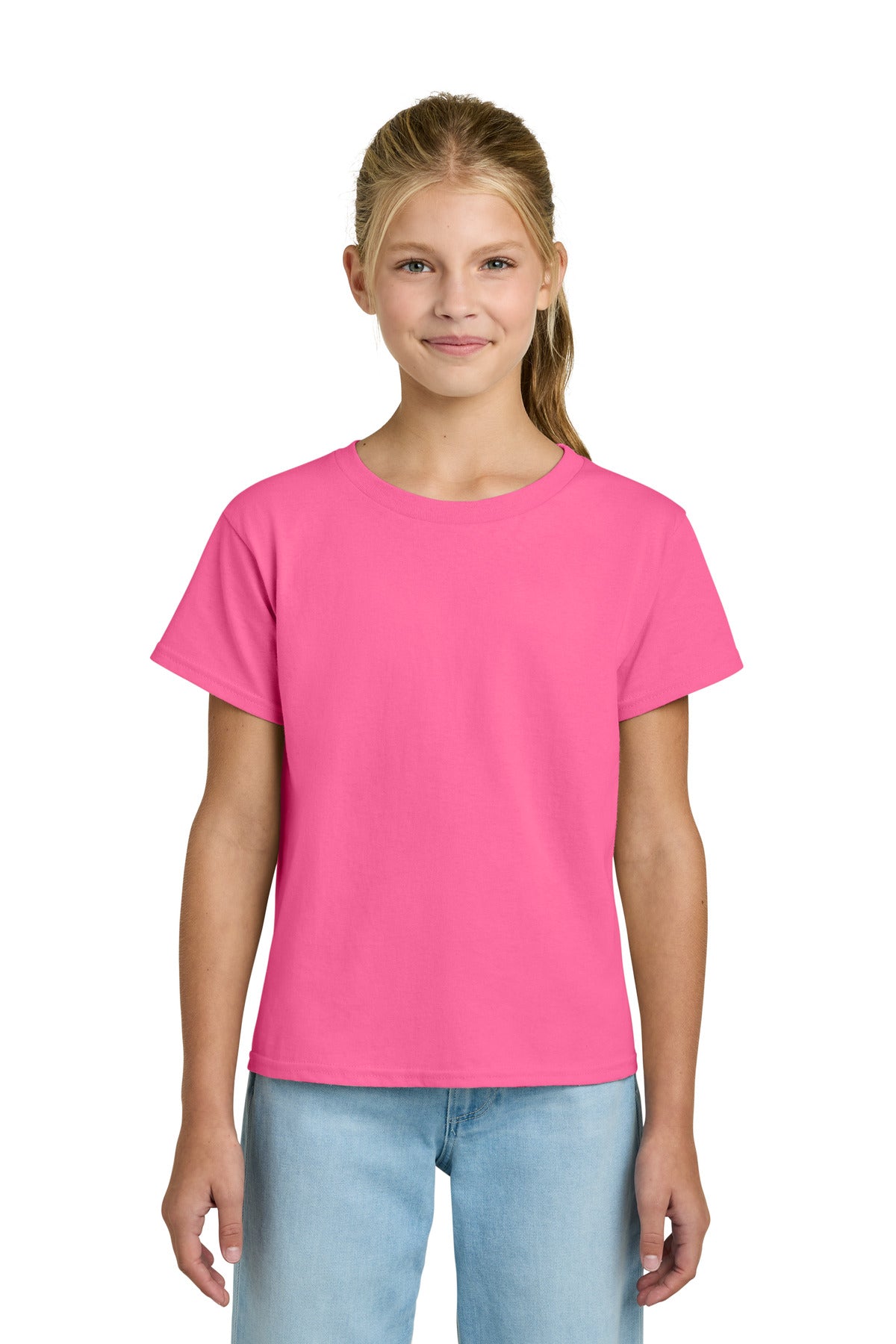 Custom logo Gildan® Youth Light Cotton Tee 3000B in Safety Pink