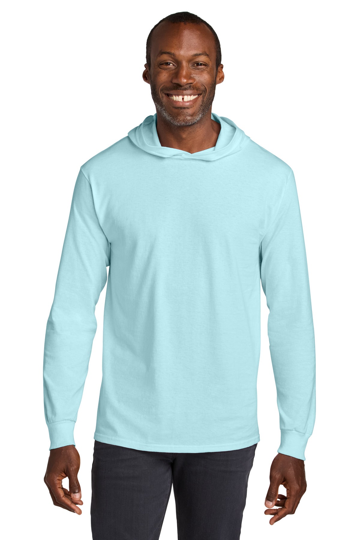 Custom logo Jerzees Classics™ Unisex Cotton Long Sleeve Hooded T-Shirt 363LH in Breezy Blue