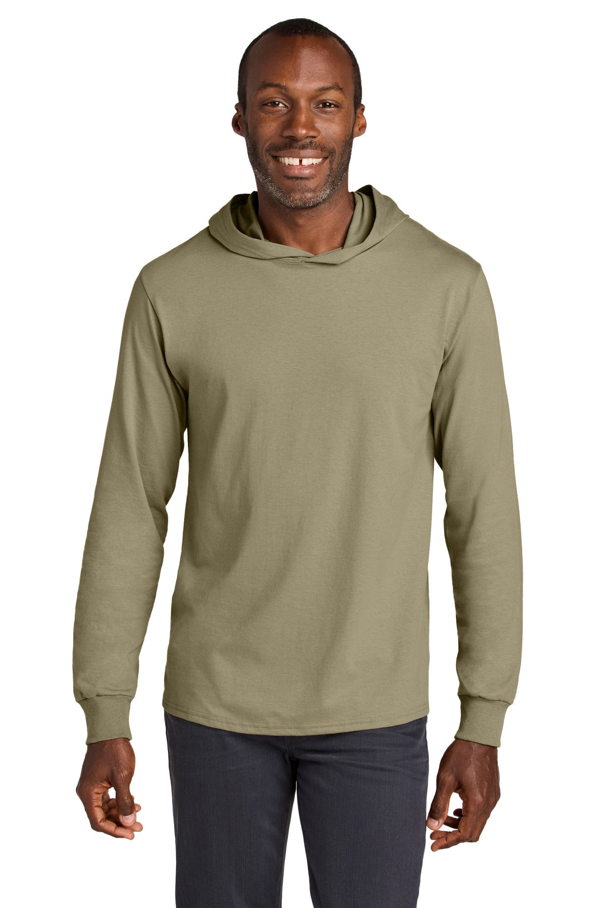 Custom logo Jerzees Classics™ Unisex Cotton Long Sleeve Hooded T-Shirt 363LH in Khaki