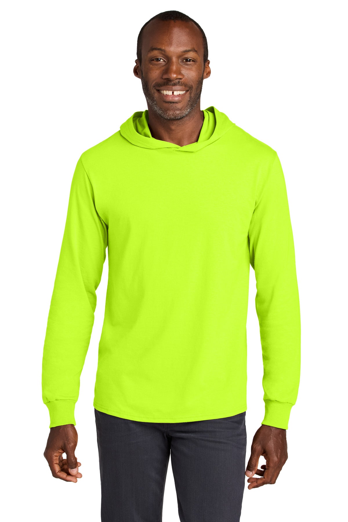 Custom logo Jerzees Classics™ Unisex Cotton Long Sleeve Hooded T-Shirt 363LH in Safety Green