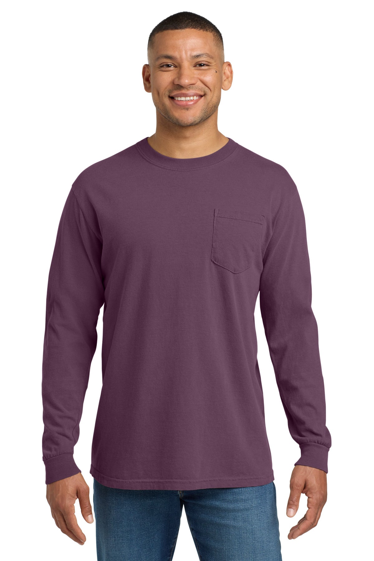 Custom logo COMFORT COLORS ® Heavyweight Ring Spun Long Sleeve Pocket Tee. 4410 in Berry