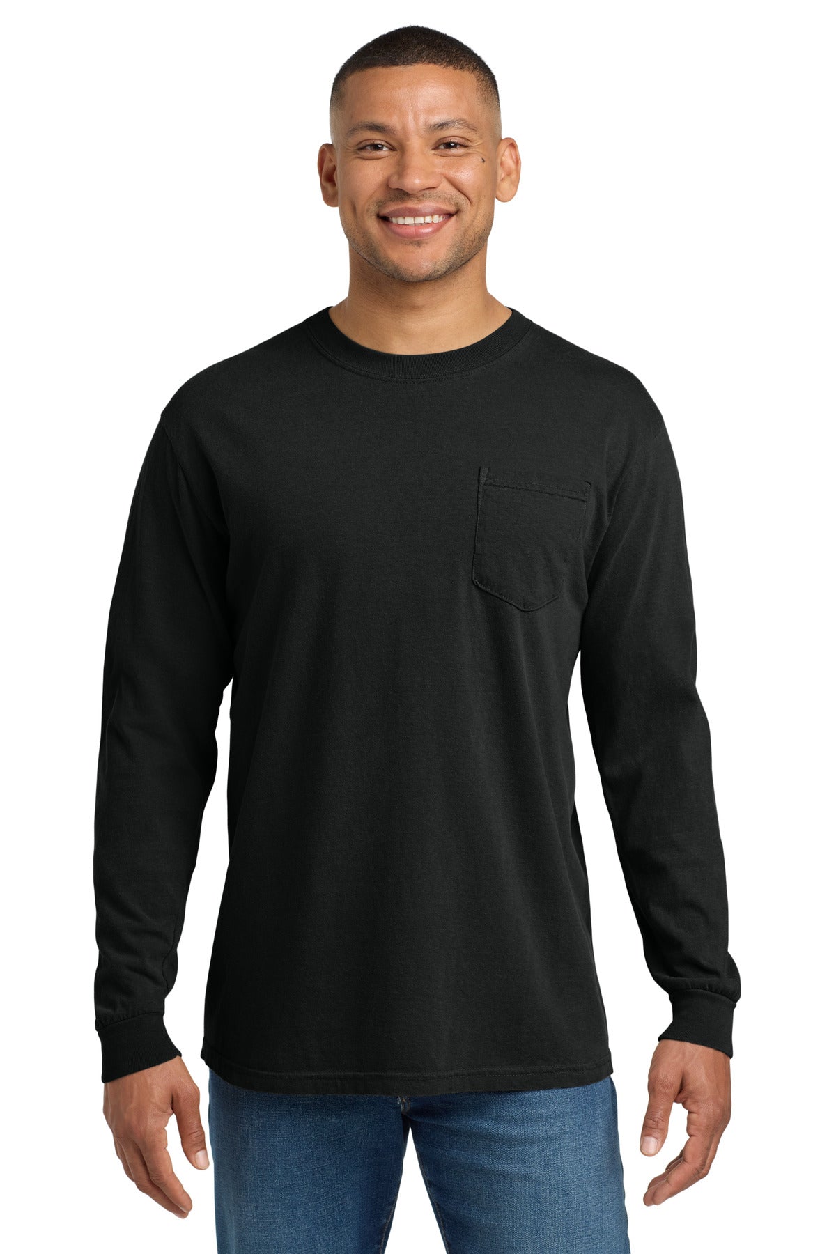 Custom logo COMFORT COLORS ® Heavyweight Ring Spun Long Sleeve Pocket Tee. 4410 in Black