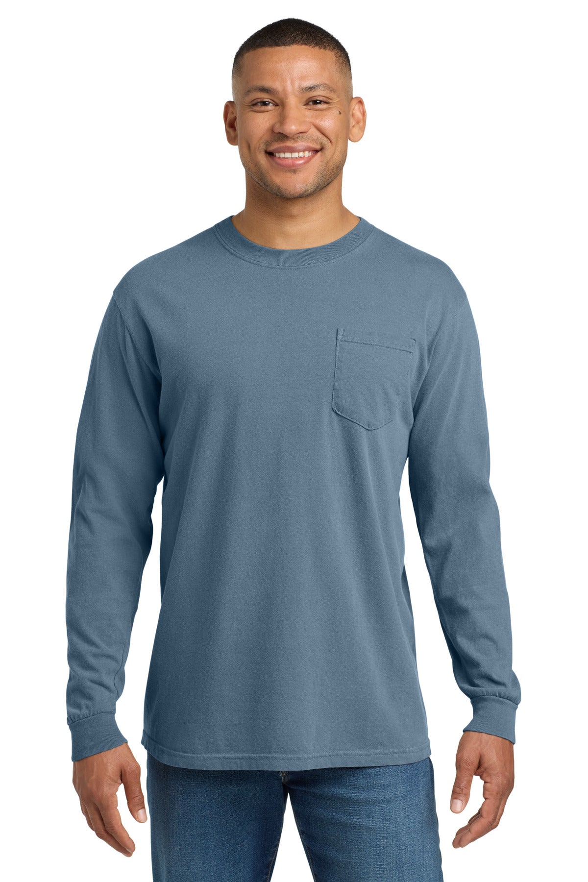 Custom logo COMFORT COLORS ® Heavyweight Ring Spun Long Sleeve Pocket Tee. 4410 in Blue Jean