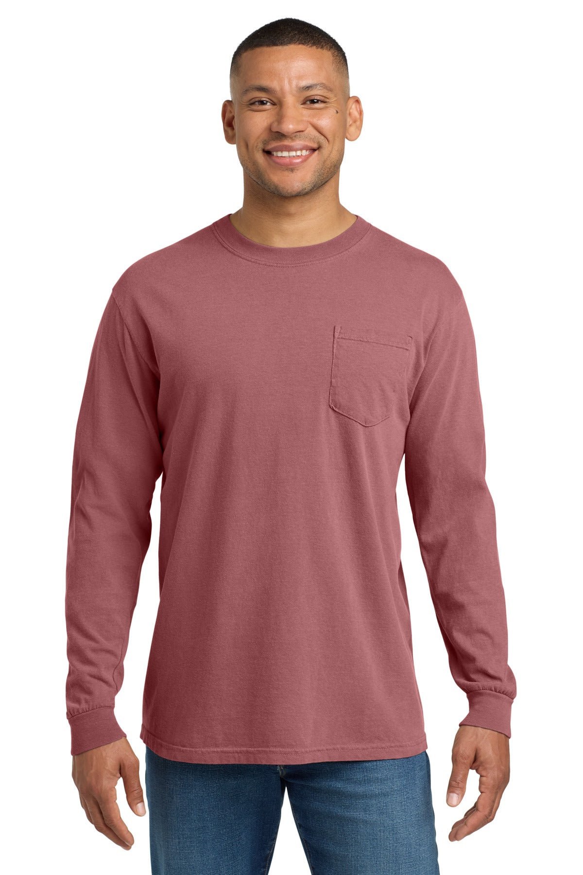 Custom logo COMFORT COLORS ® Heavyweight Ring Spun Long Sleeve Pocket Tee. 4410 in Brick