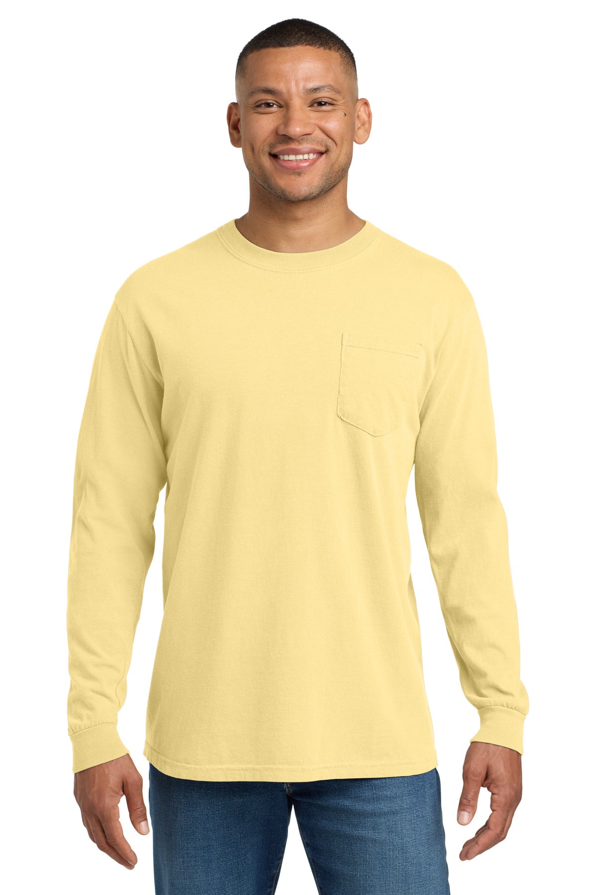 Custom logo COMFORT COLORS ® Heavyweight Ring Spun Long Sleeve Pocket Tee. 4410 in Butter