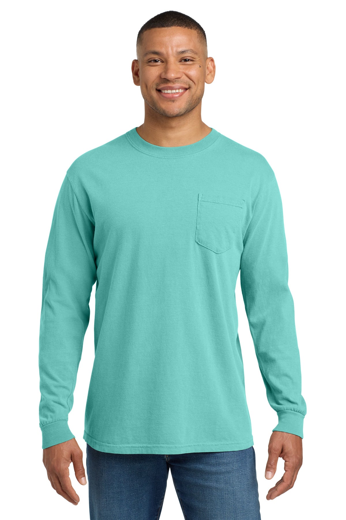 Custom logo COMFORT COLORS ® Heavyweight Ring Spun Long Sleeve Pocket Tee. 4410 in Chalky Mint