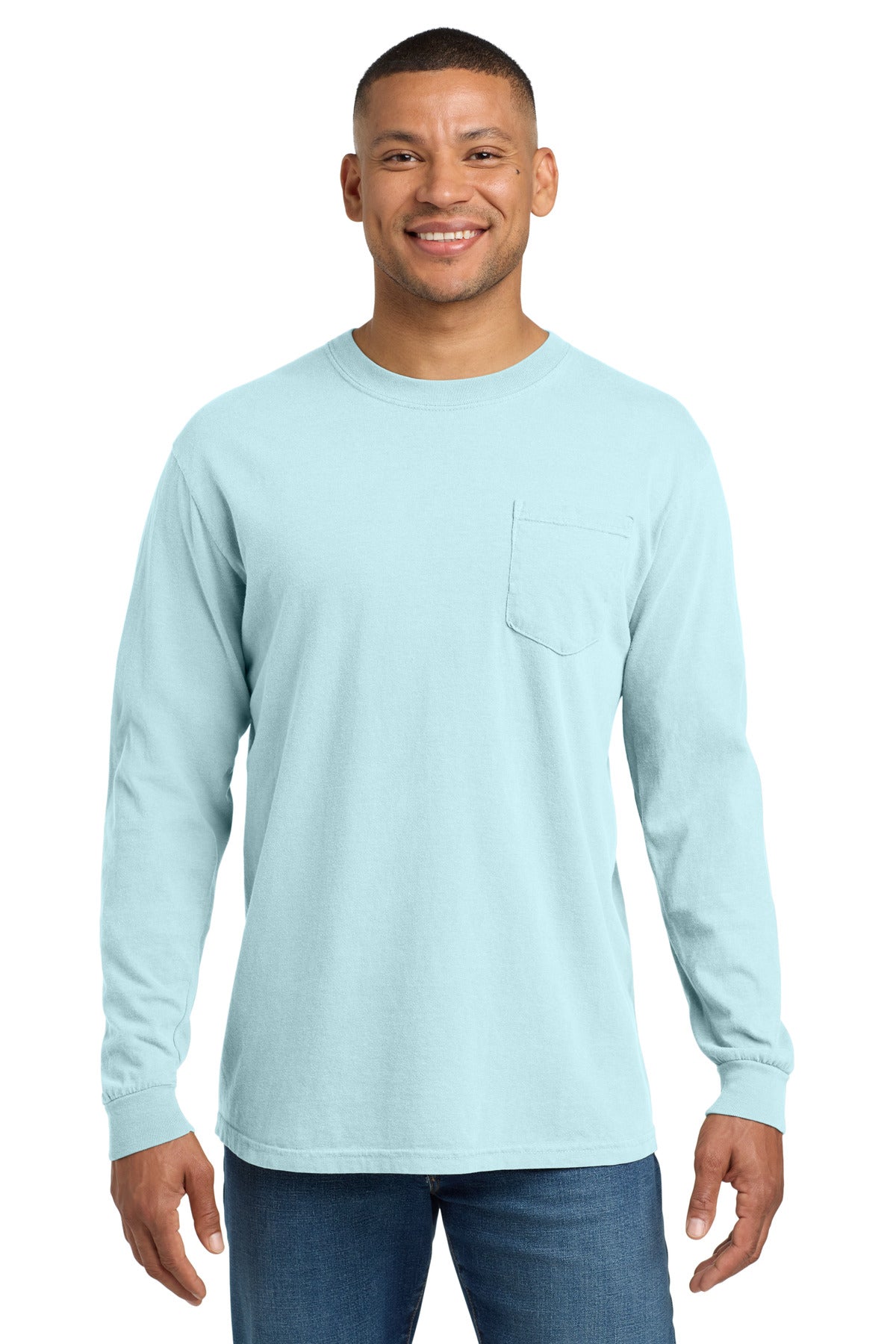 Custom logo COMFORT COLORS ® Heavyweight Ring Spun Long Sleeve Pocket Tee. 4410 in Chambray