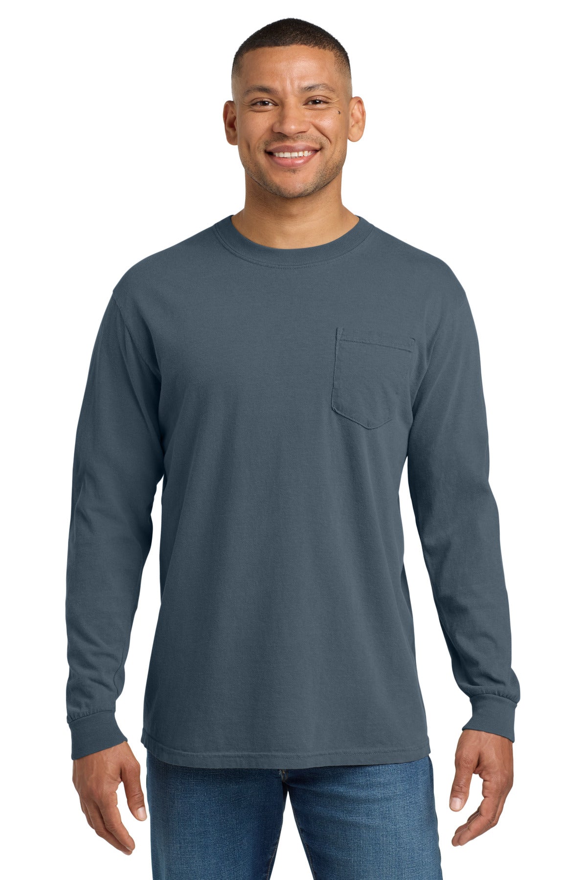 Custom logo COMFORT COLORS ® Heavyweight Ring Spun Long Sleeve Pocket Tee. 4410 in Denim