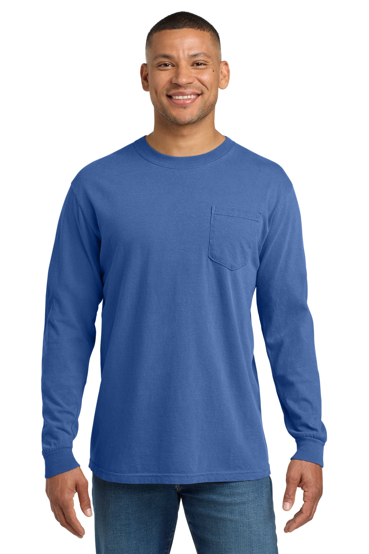 Custom logo COMFORT COLORS ® Heavyweight Ring Spun Long Sleeve Pocket Tee. 4410 in Flo Blue
