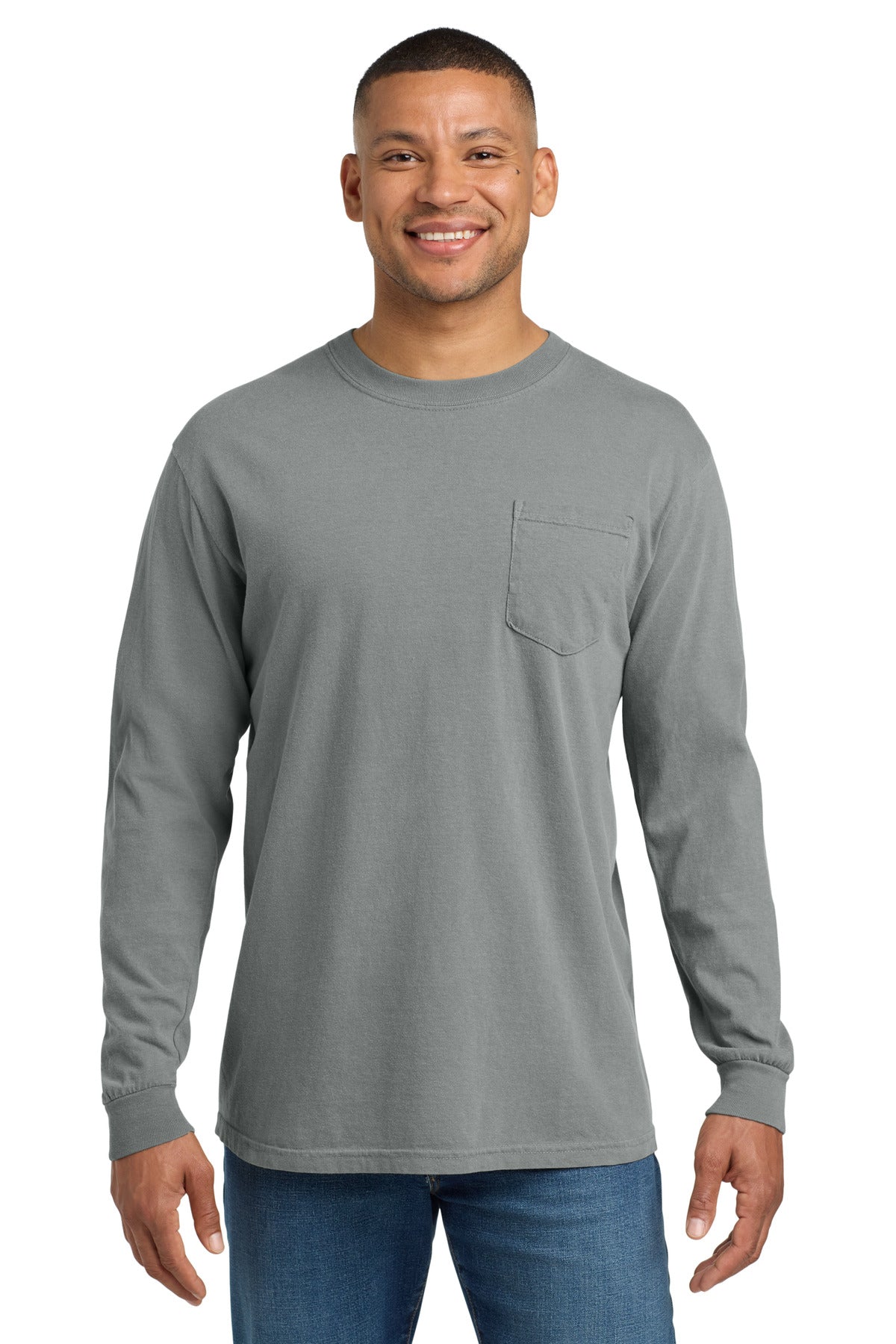 Custom logo COMFORT COLORS ® Heavyweight Ring Spun Long Sleeve Pocket Tee. 4410 in Granite