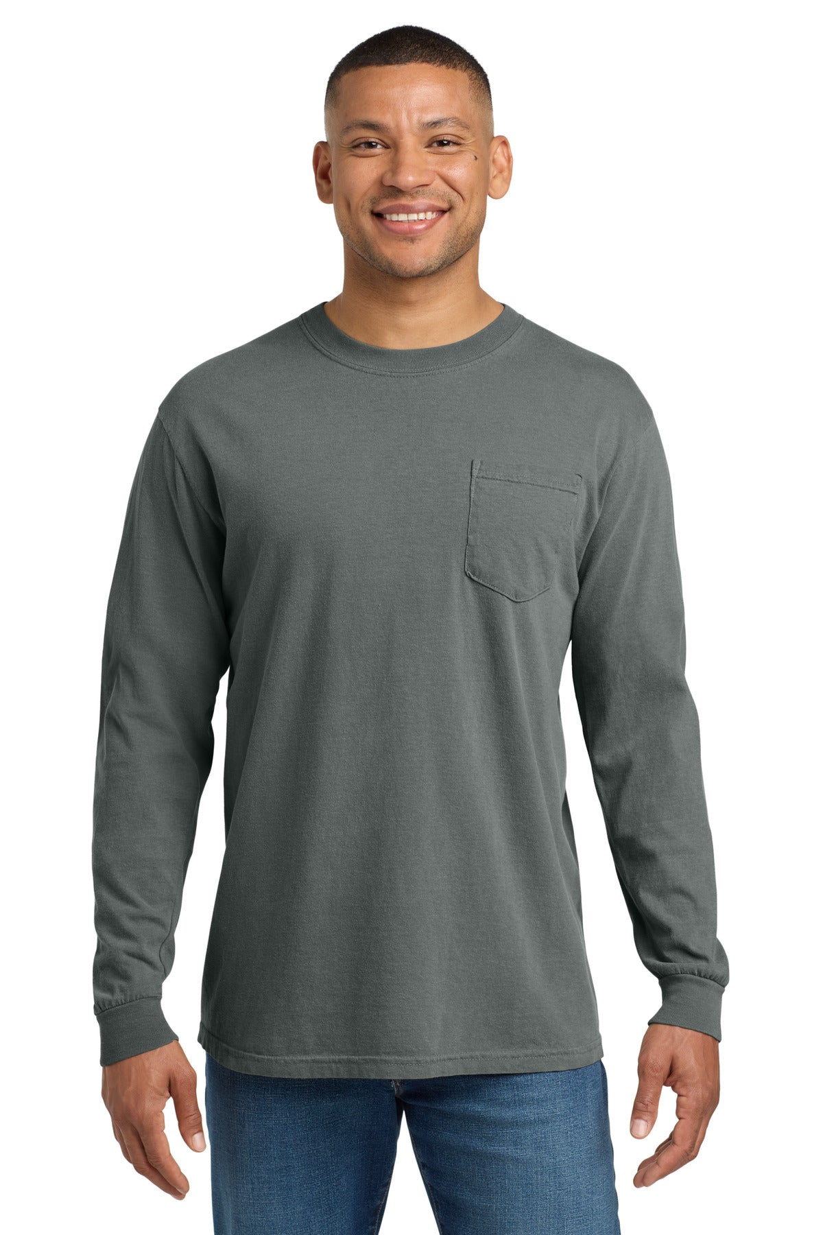 Custom logo COMFORT COLORS ® Heavyweight Ring Spun Long Sleeve Pocket Tee. 4410 in Grey