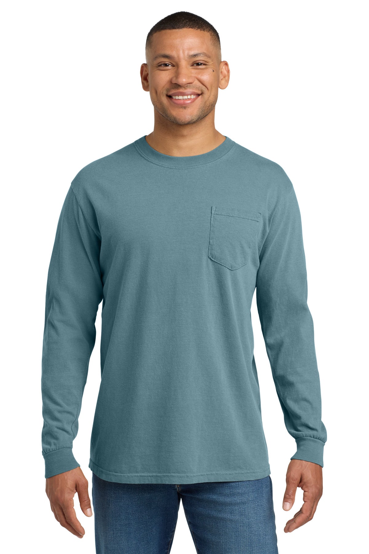 Custom logo COMFORT COLORS ® Heavyweight Ring Spun Long Sleeve Pocket Tee. 4410 in Ice Blue