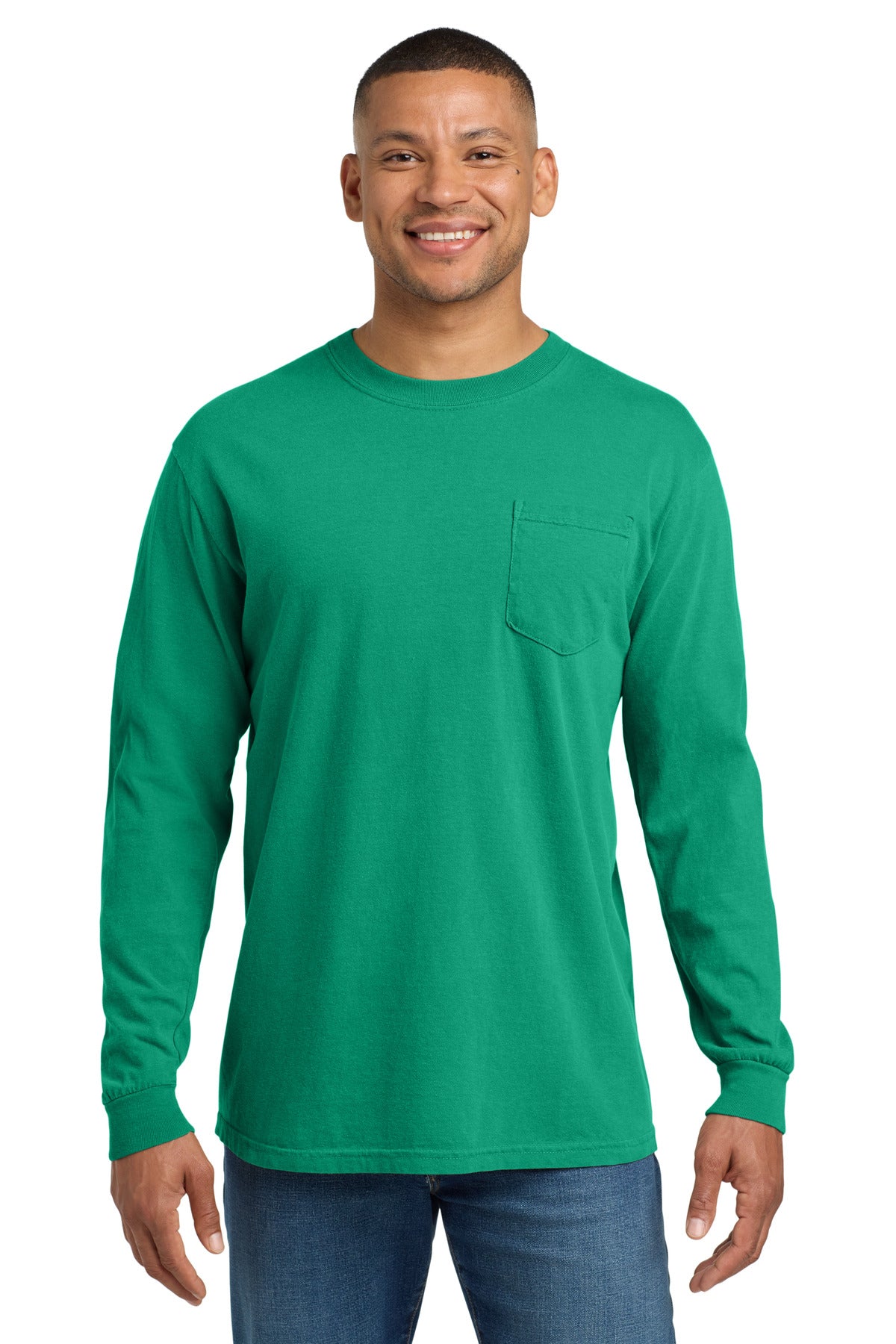 Custom logo COMFORT COLORS ® Heavyweight Ring Spun Long Sleeve Pocket Tee. 4410 in Island Green