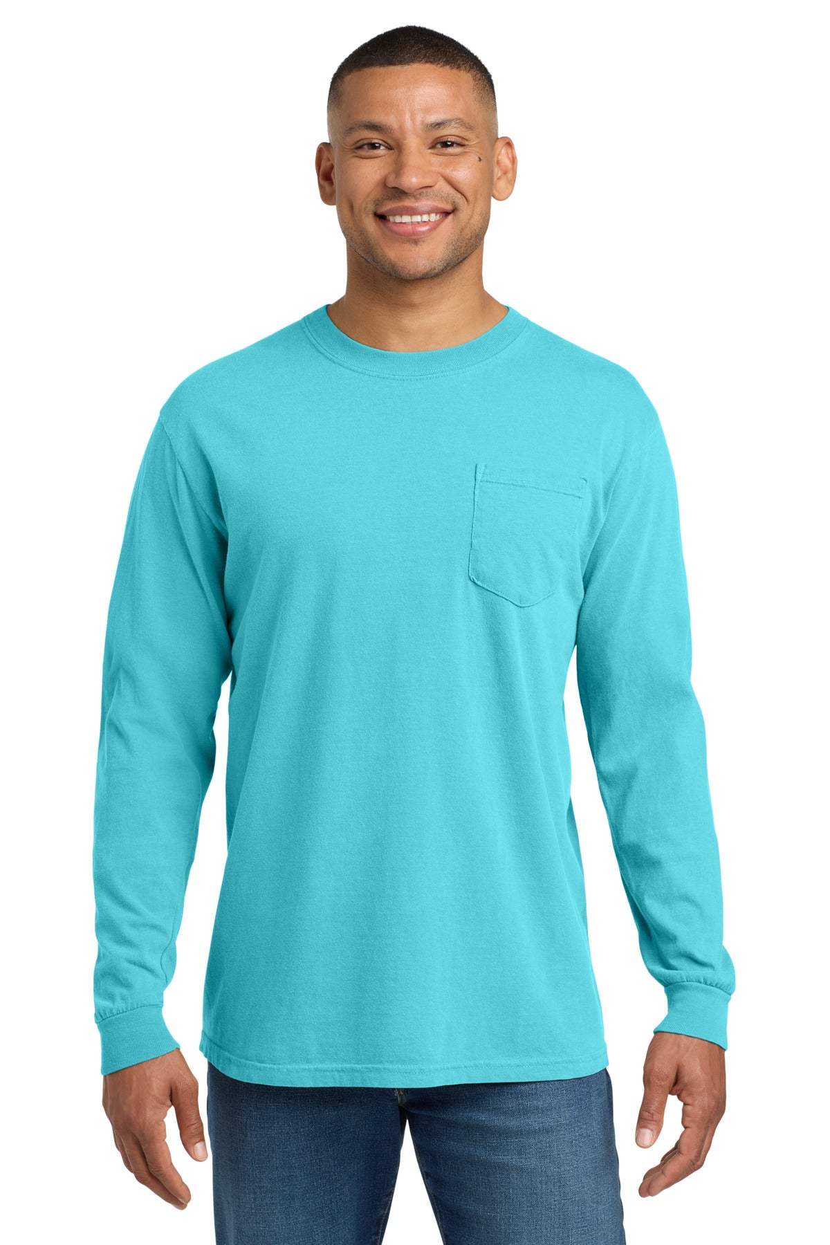 Custom logo COMFORT COLORS ® Heavyweight Ring Spun Long Sleeve Pocket Tee. 4410 in Lagoon