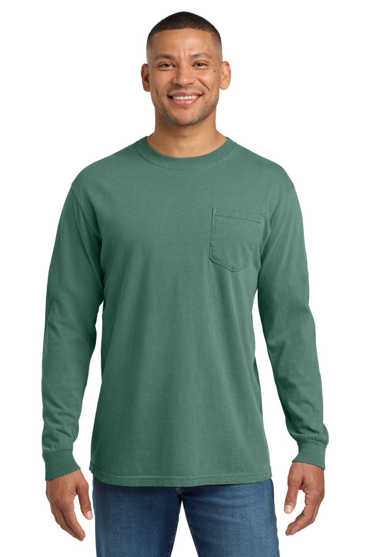 Custom logo COMFORT COLORS ® Heavyweight Ring Spun Long Sleeve Pocket Tee. 4410 in Light Green