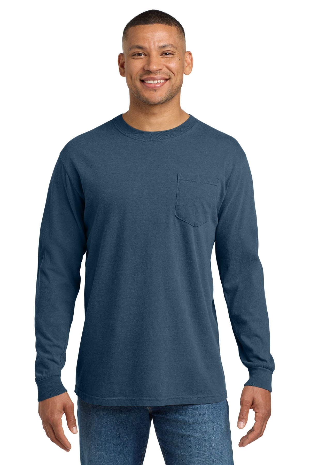 Custom logo COMFORT COLORS ® Heavyweight Ring Spun Long Sleeve Pocket Tee. 4410 in Midnight