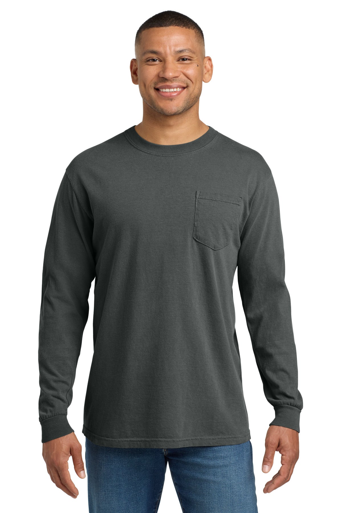 Custom logo COMFORT COLORS ® Heavyweight Ring Spun Long Sleeve Pocket Tee. 4410 in Pepper