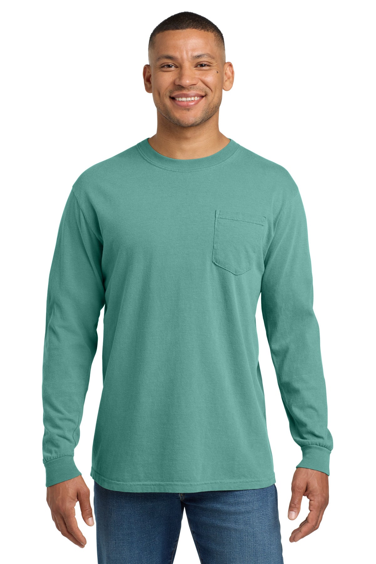 Custom logo COMFORT COLORS ® Heavyweight Ring Spun Long Sleeve Pocket Tee. 4410 in Seafoam