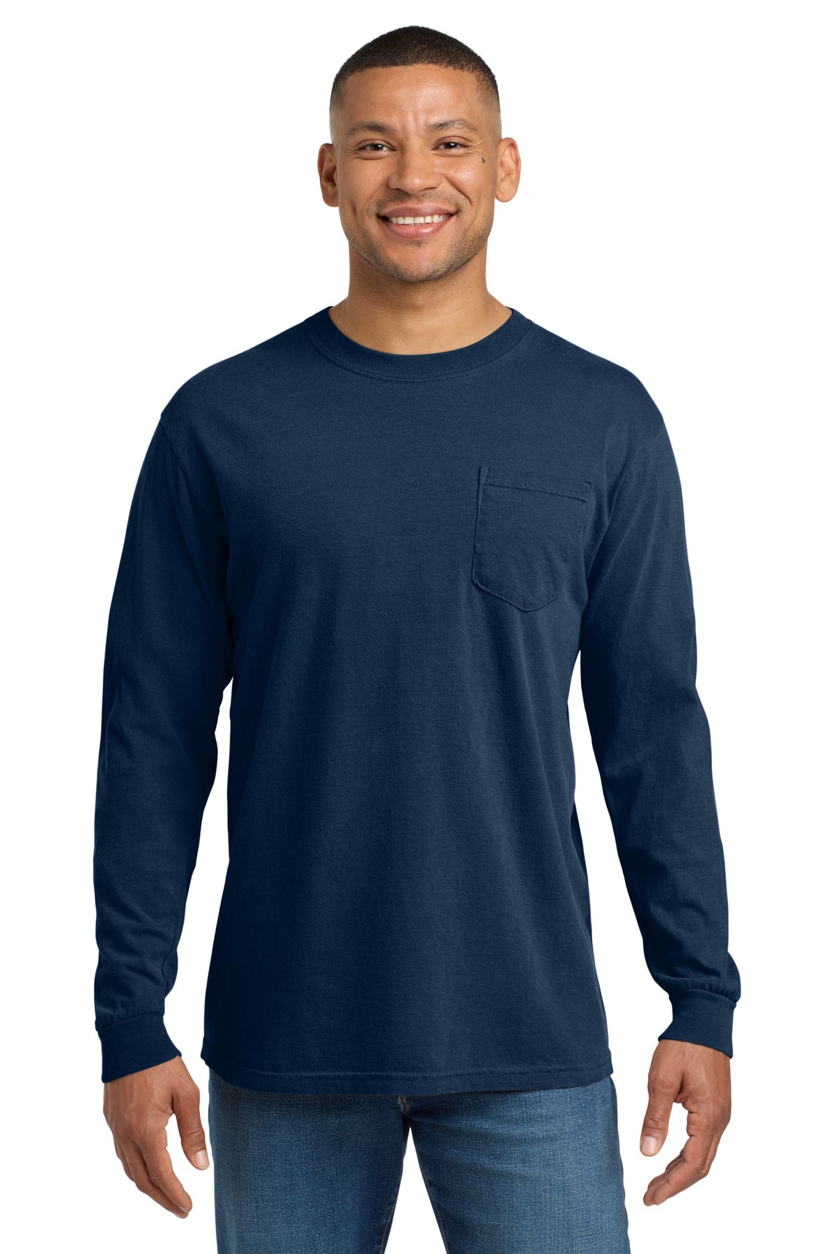 Custom logo COMFORT COLORS ® Heavyweight Ring Spun Long Sleeve Pocket Tee. 4410 in True Navy