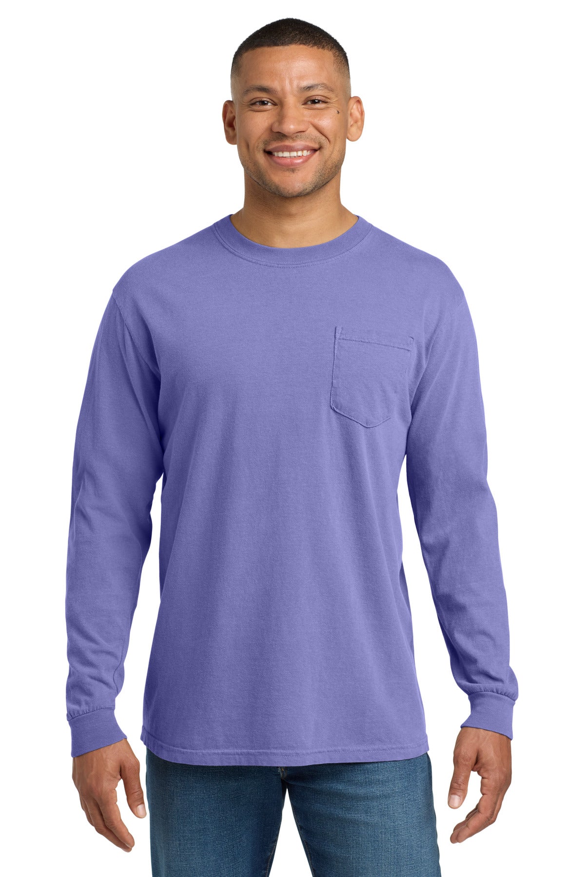 Custom logo COMFORT COLORS ® Heavyweight Ring Spun Long Sleeve Pocket Tee. 4410 in Violet