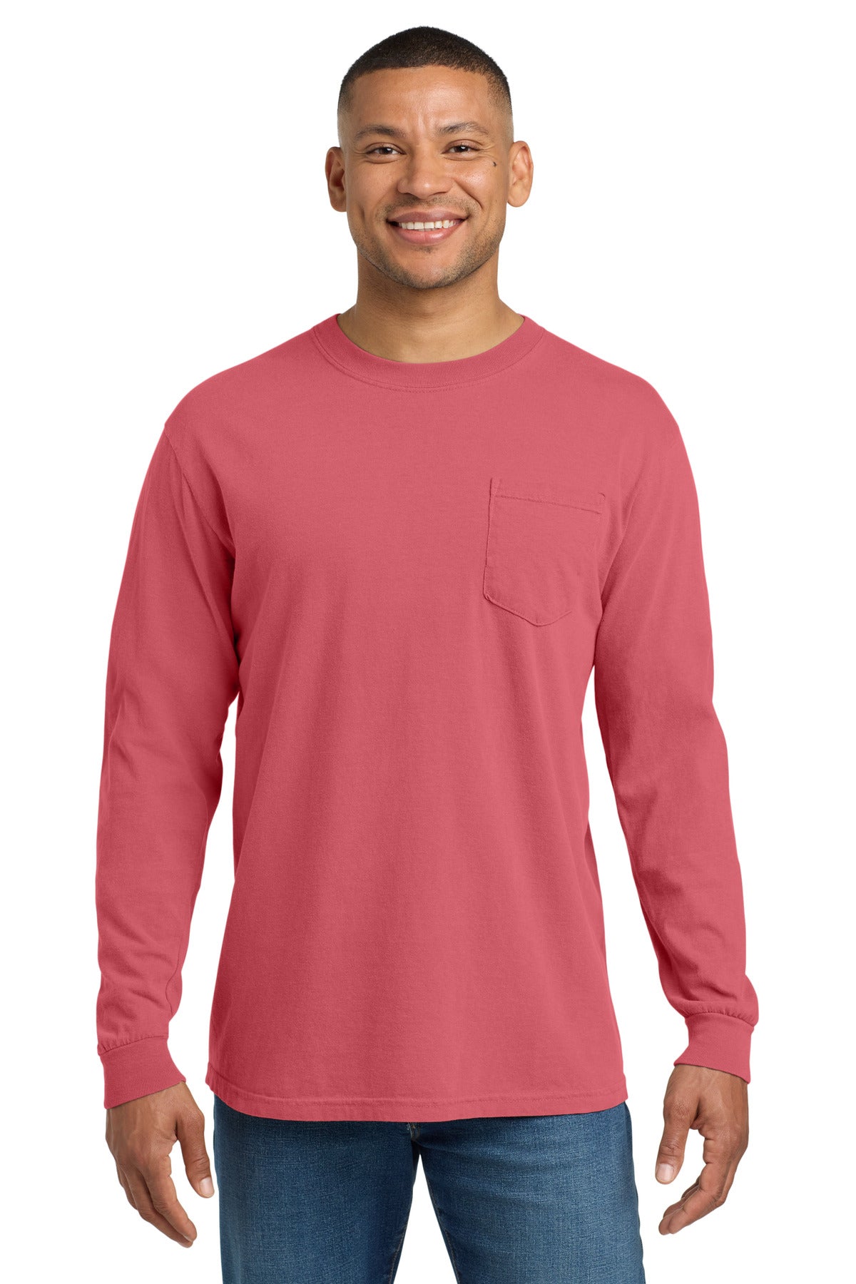 Custom logo COMFORT COLORS ® Heavyweight Ring Spun Long Sleeve Pocket Tee. 4410 in Watermelon