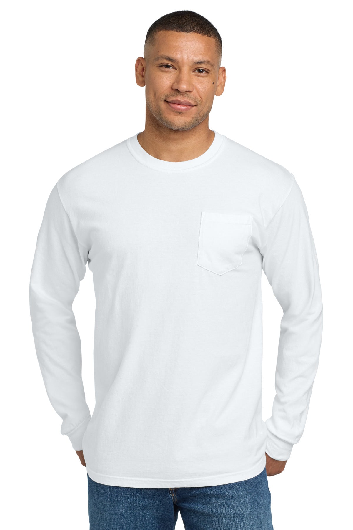 Custom logo COMFORT COLORS ® Heavyweight Ring Spun Long Sleeve Pocket Tee. 4410 in White