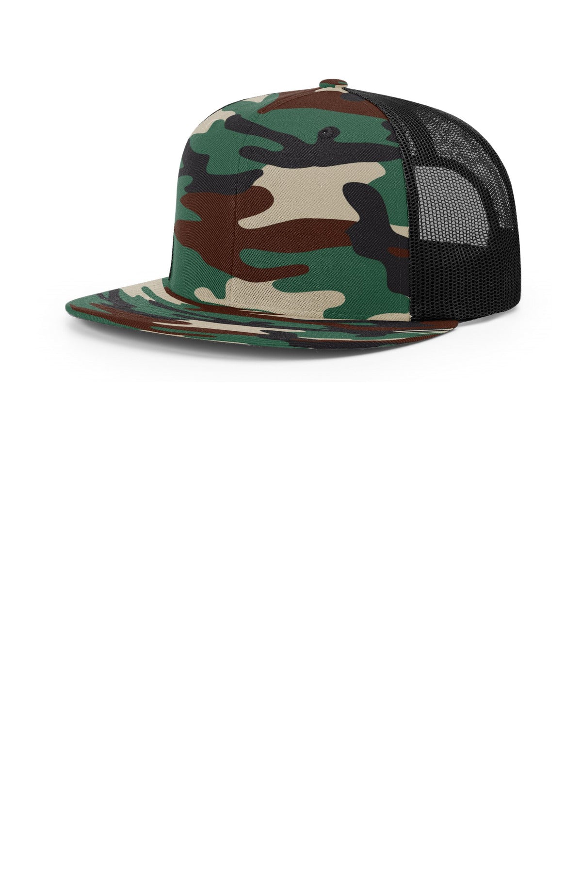 Custom logo Richardson Acrylic-Wool Blend Flatbill Trucker 511 in Green Camo/ Black