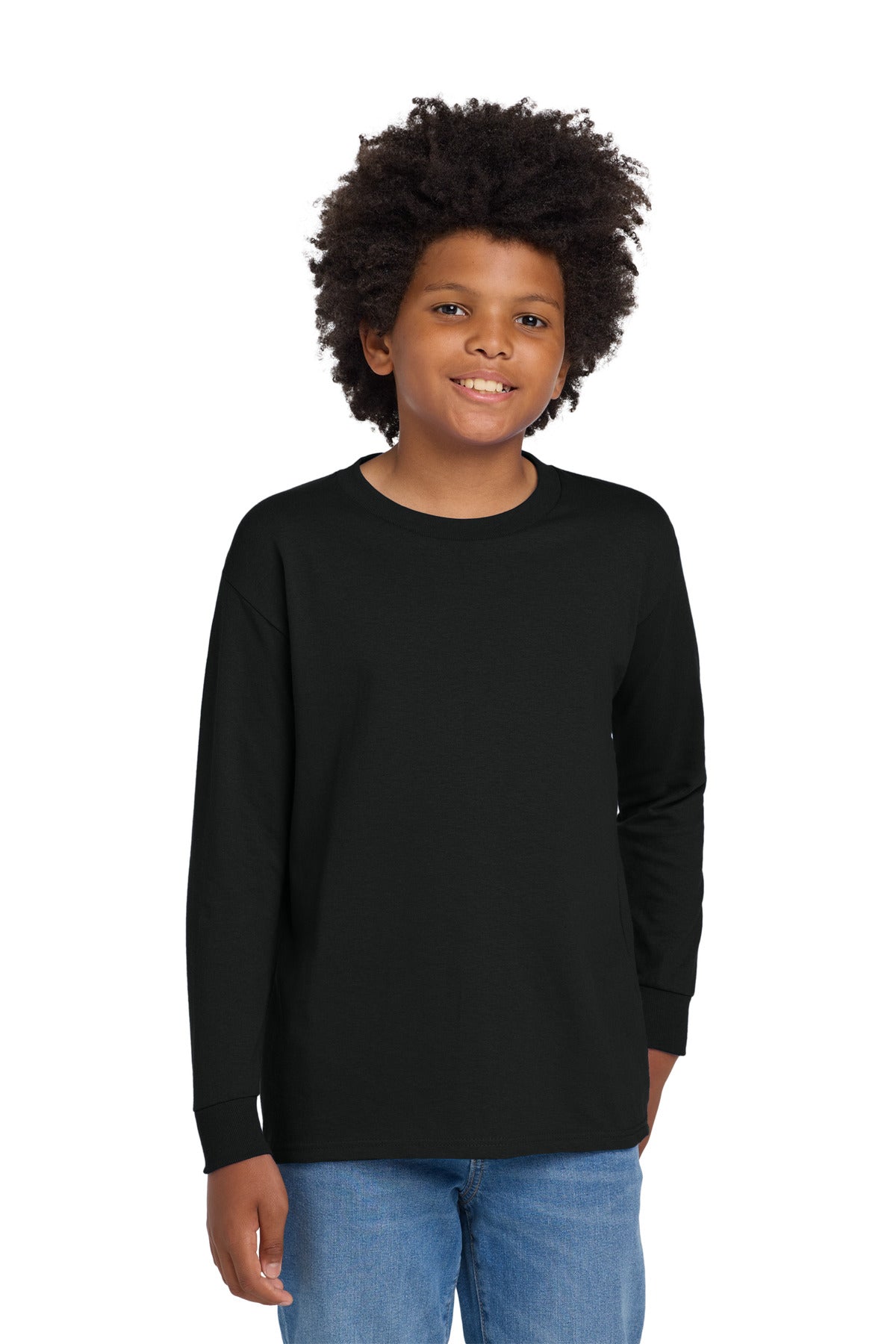 Custom logo Gildan® Youth Heavy Cotton™ 100% Cotton Long Sleeve T-Shirt. 5400B in Black