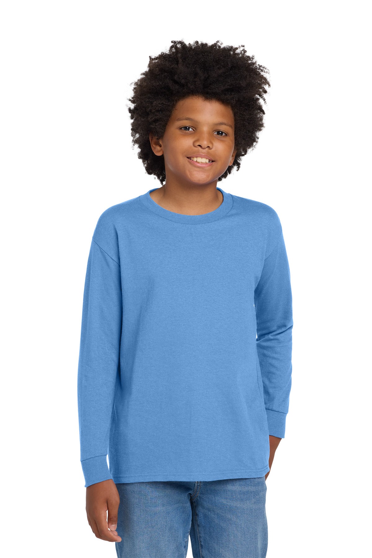 Custom logo Gildan® Youth Heavy Cotton™ 100% Cotton Long Sleeve T-Shirt. 5400B in Carolina Blue