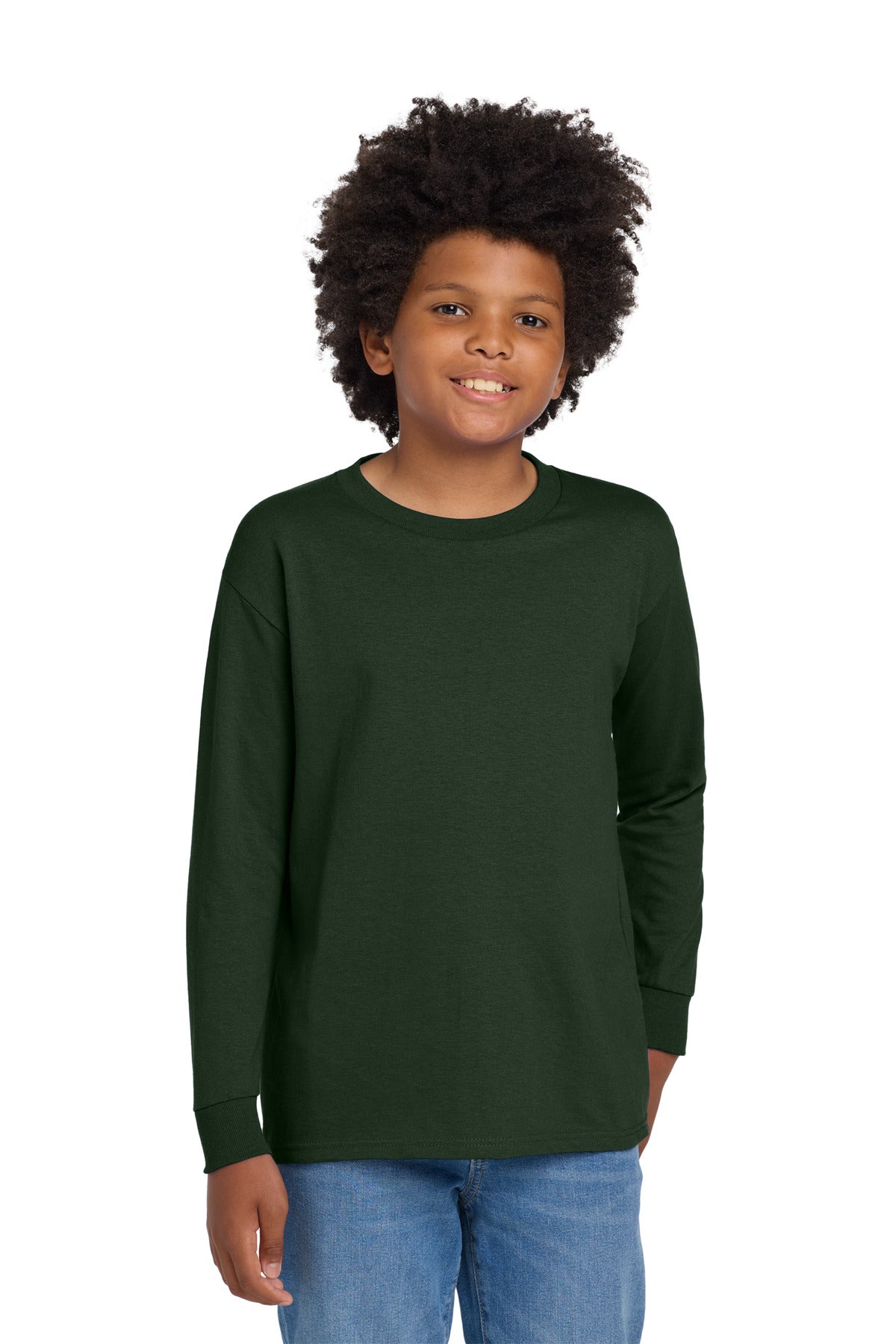 Custom logo Gildan® Youth Heavy Cotton™ 100% Cotton Long Sleeve T-Shirt. 5400B in Forest Green