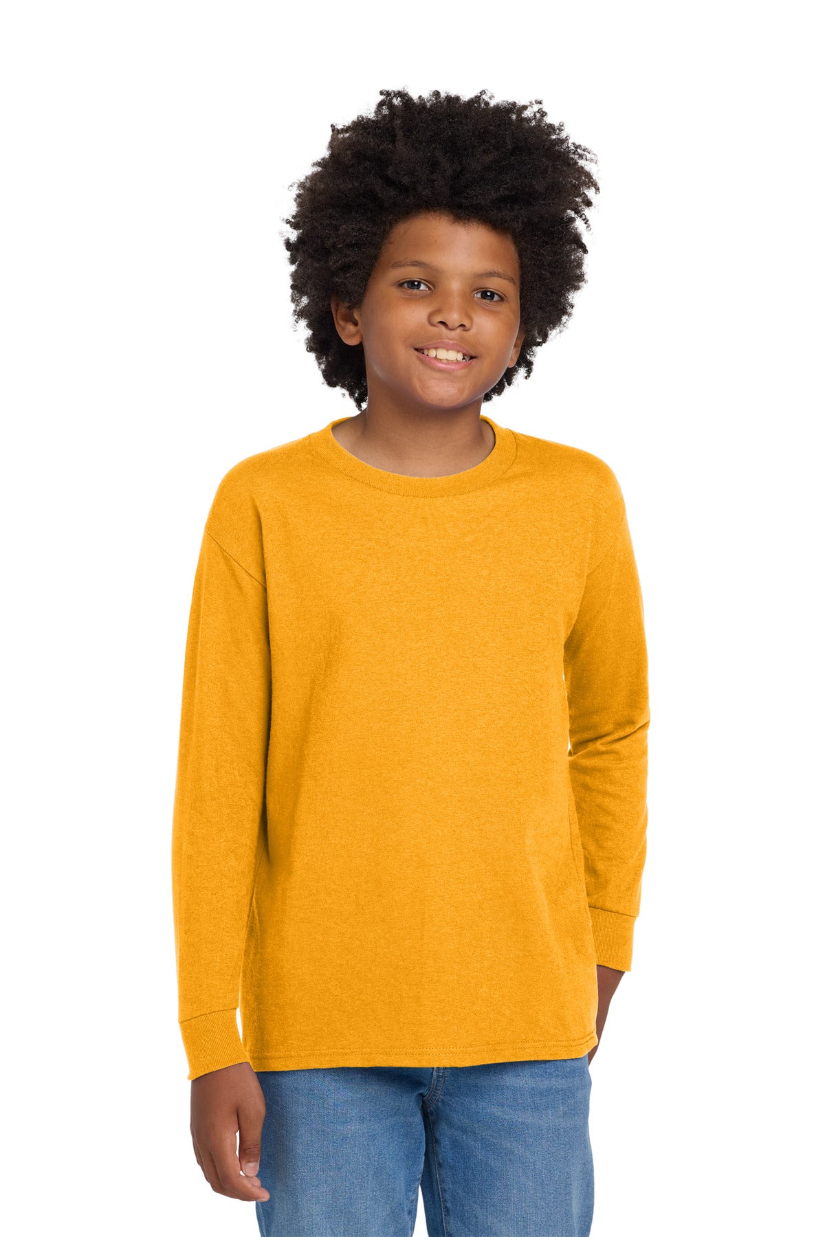 Custom logo Gildan® Youth Heavy Cotton™ 100% Cotton Long Sleeve T-Shirt. 5400B in Gold