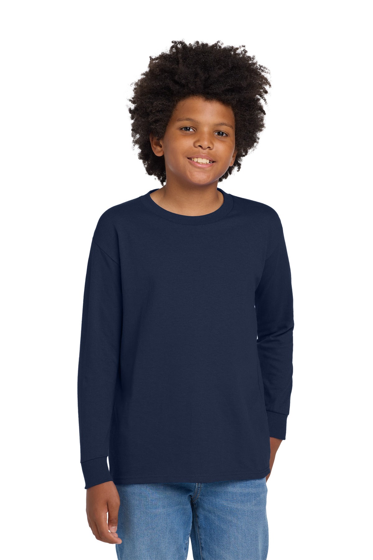 Custom logo Gildan® Youth Heavy Cotton™ 100% Cotton Long Sleeve T-Shirt. 5400B in Navy