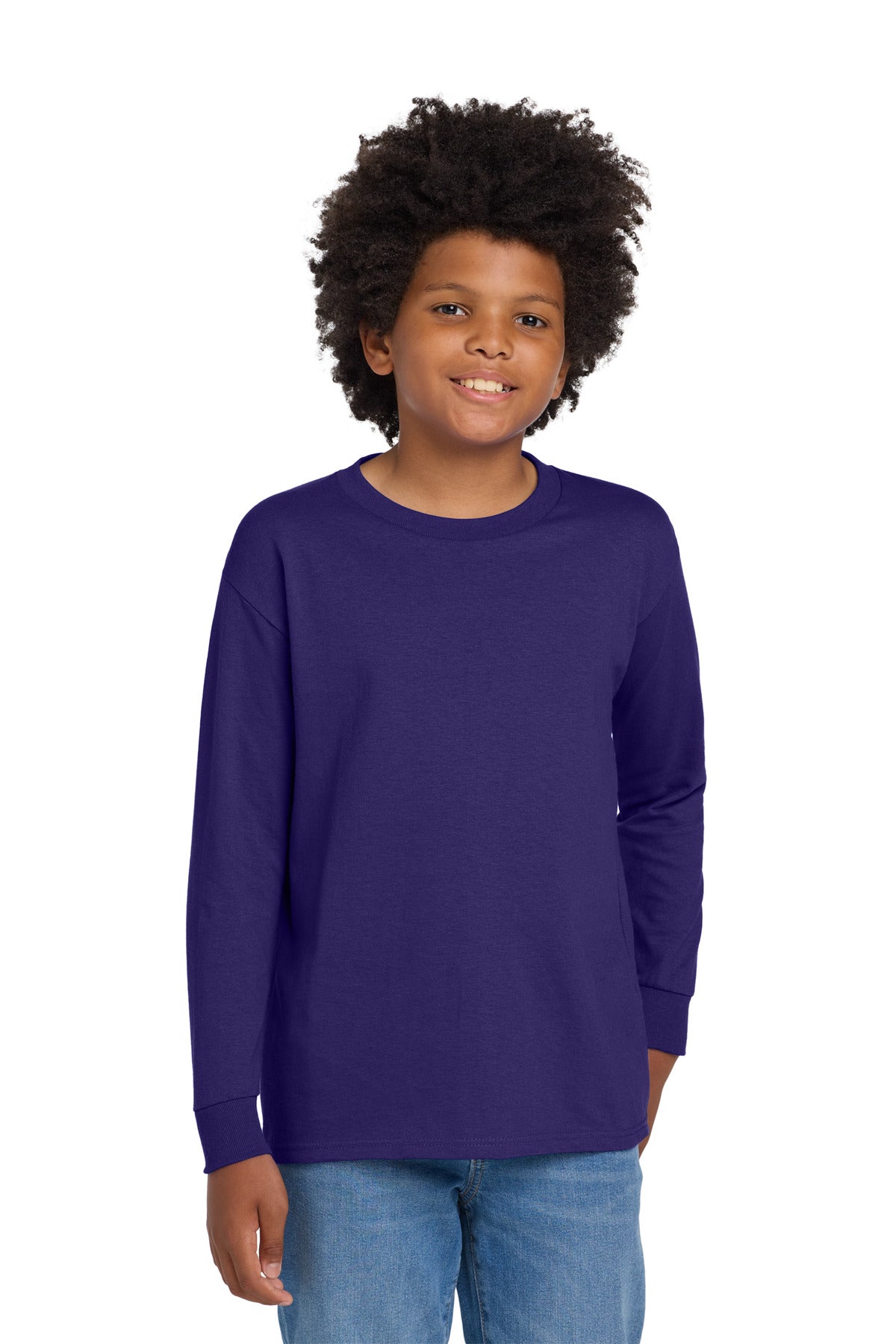 Custom logo Gildan® Youth Heavy Cotton™ 100% Cotton Long Sleeve T-Shirt. 5400B in Purple