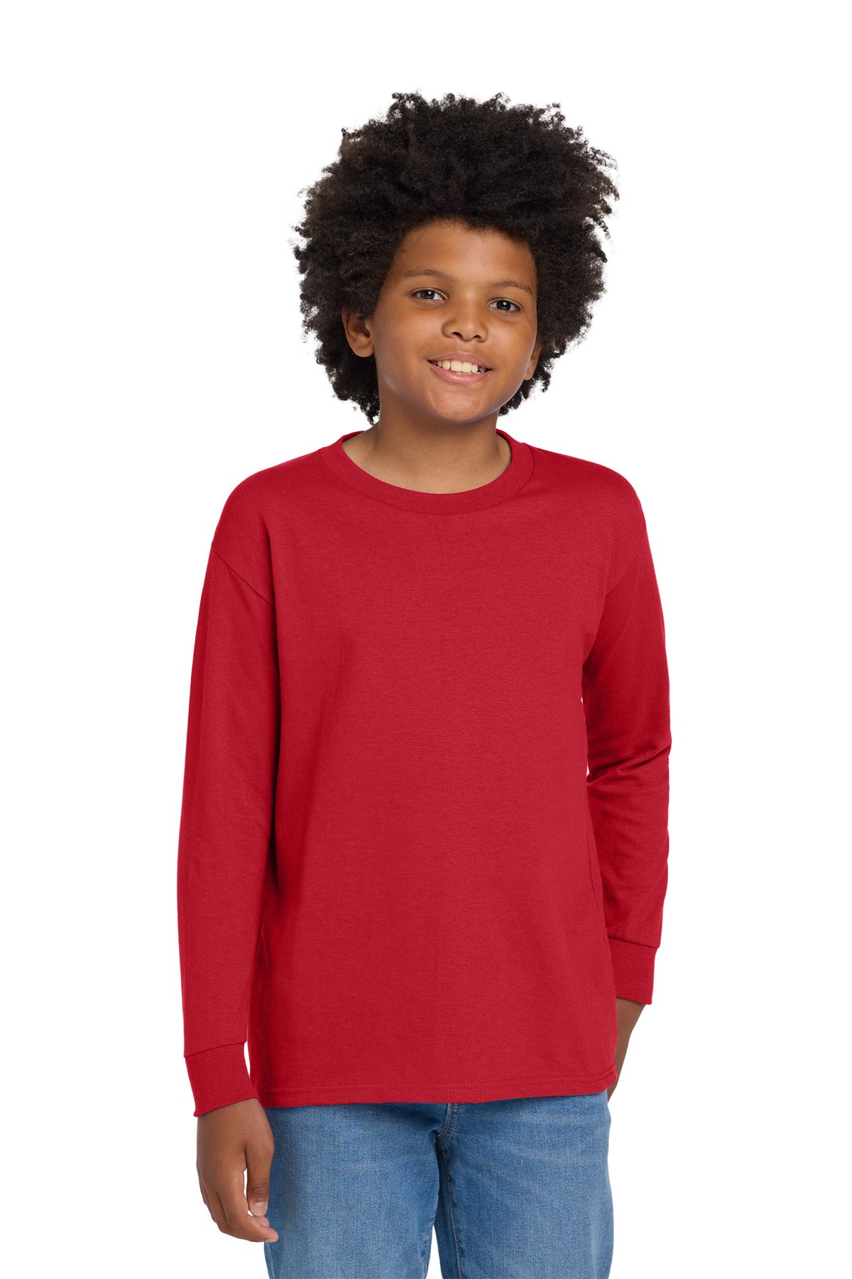 Custom logo Gildan® Youth Heavy Cotton™ 100% Cotton Long Sleeve T-Shirt. 5400B in Red