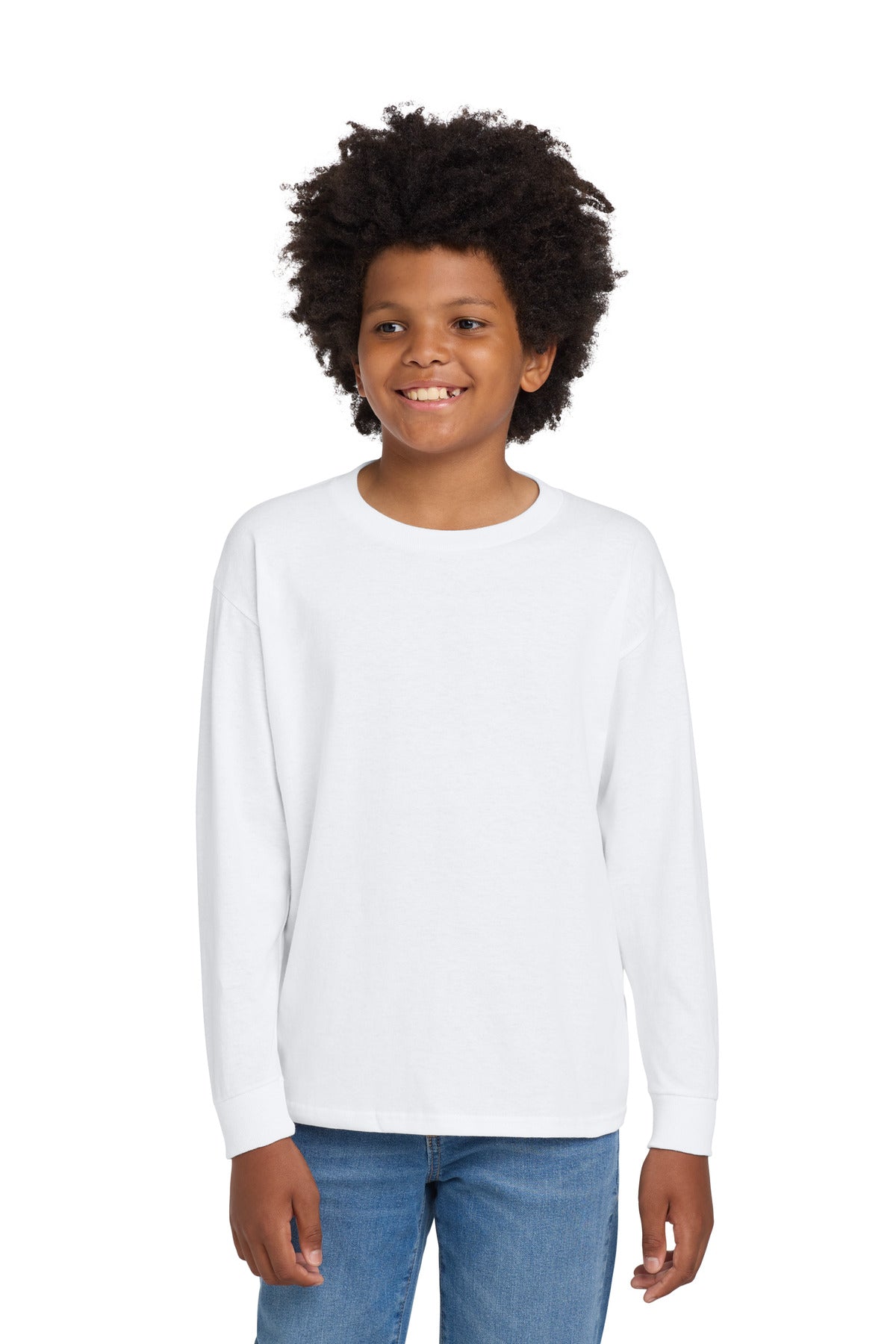 Custom logo Gildan® Youth Heavy Cotton™ 100% Cotton Long Sleeve T-Shirt. 5400B in White