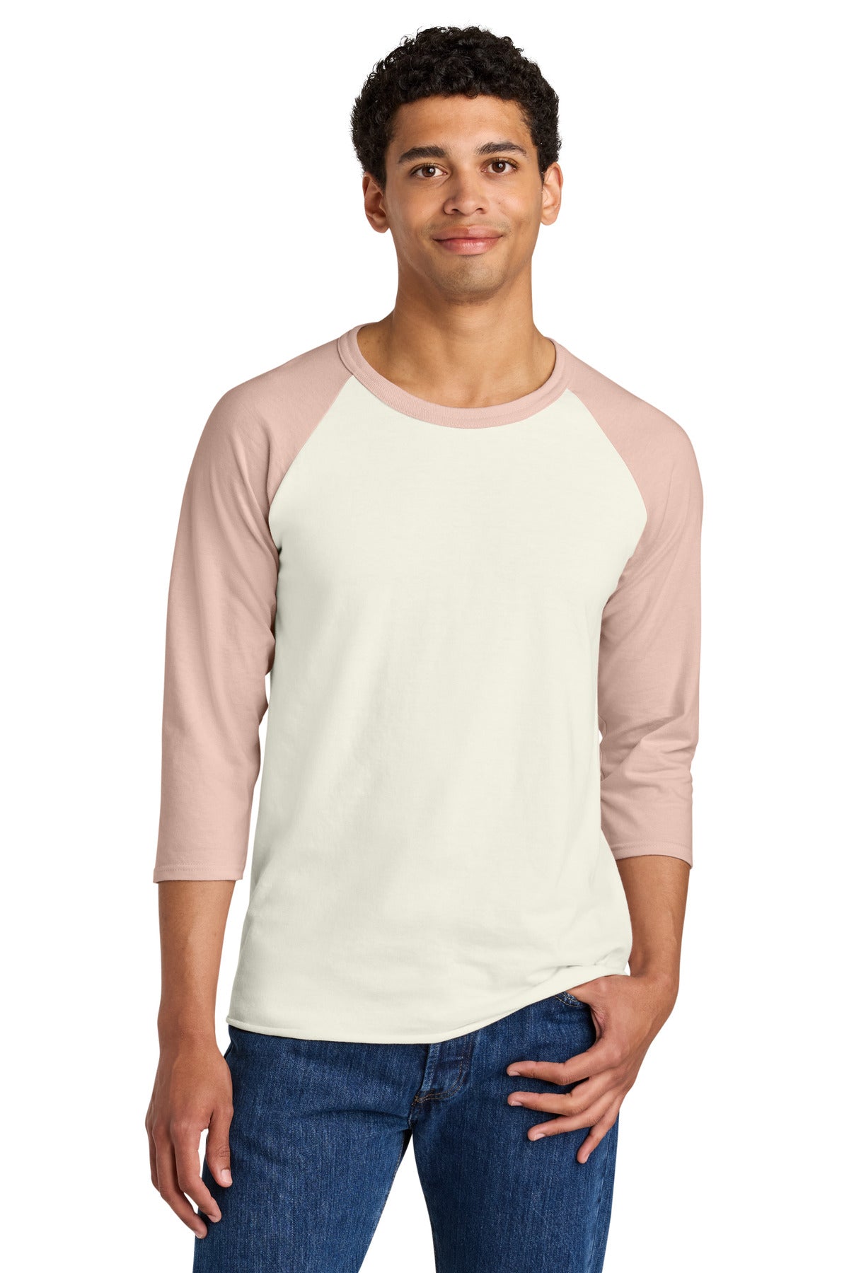 Custom logo Jerzees® Unisex Premium Blend Combed Ring Spun 3/4-Sleeve Raglan 560R in Sweet Cream Heather/ Blush Pink