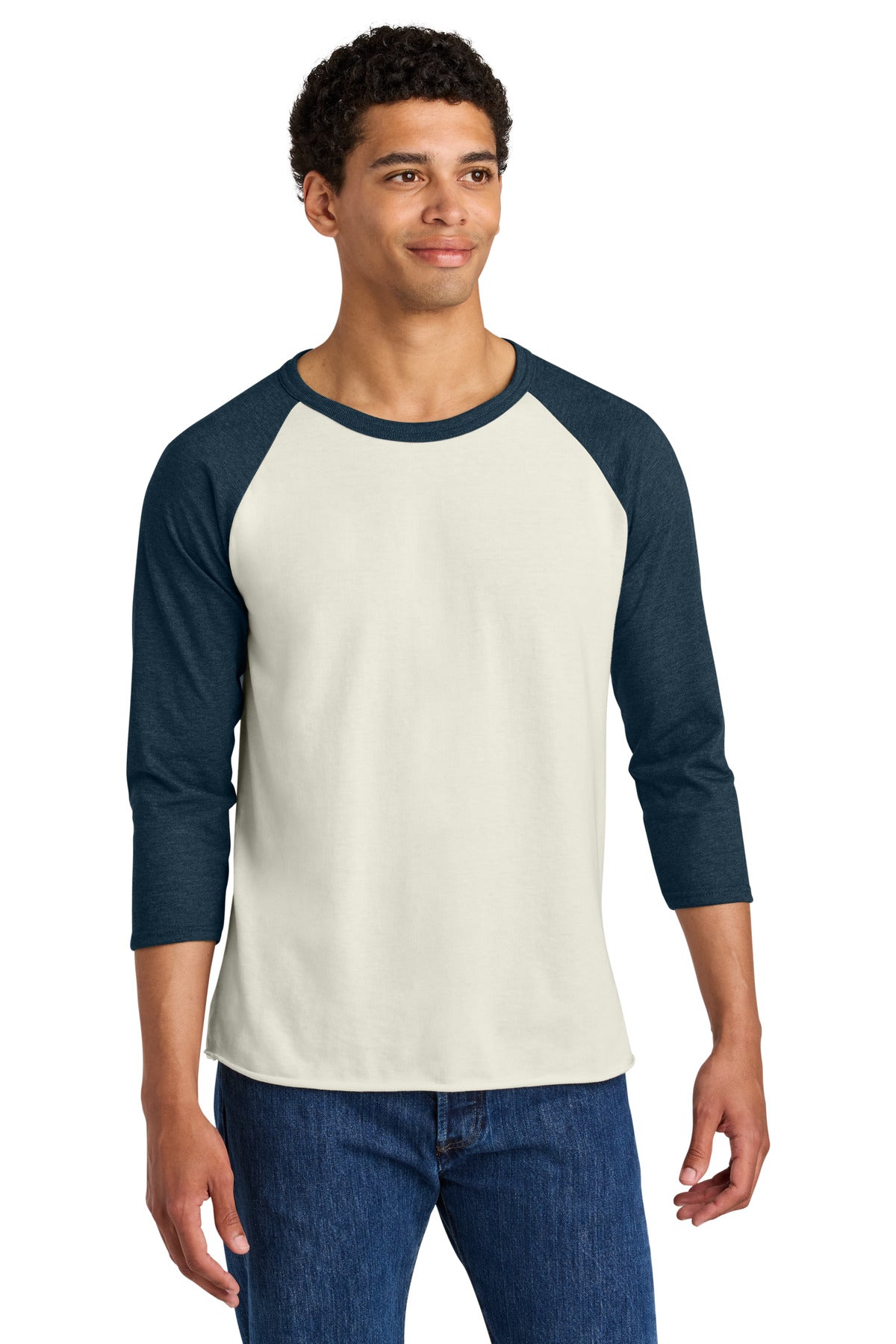 Custom logo Jerzees® Unisex Premium Blend Combed Ring Spun 3/4-Sleeve Raglan 560R in Sweet Cream Heather/ Indigo Heather